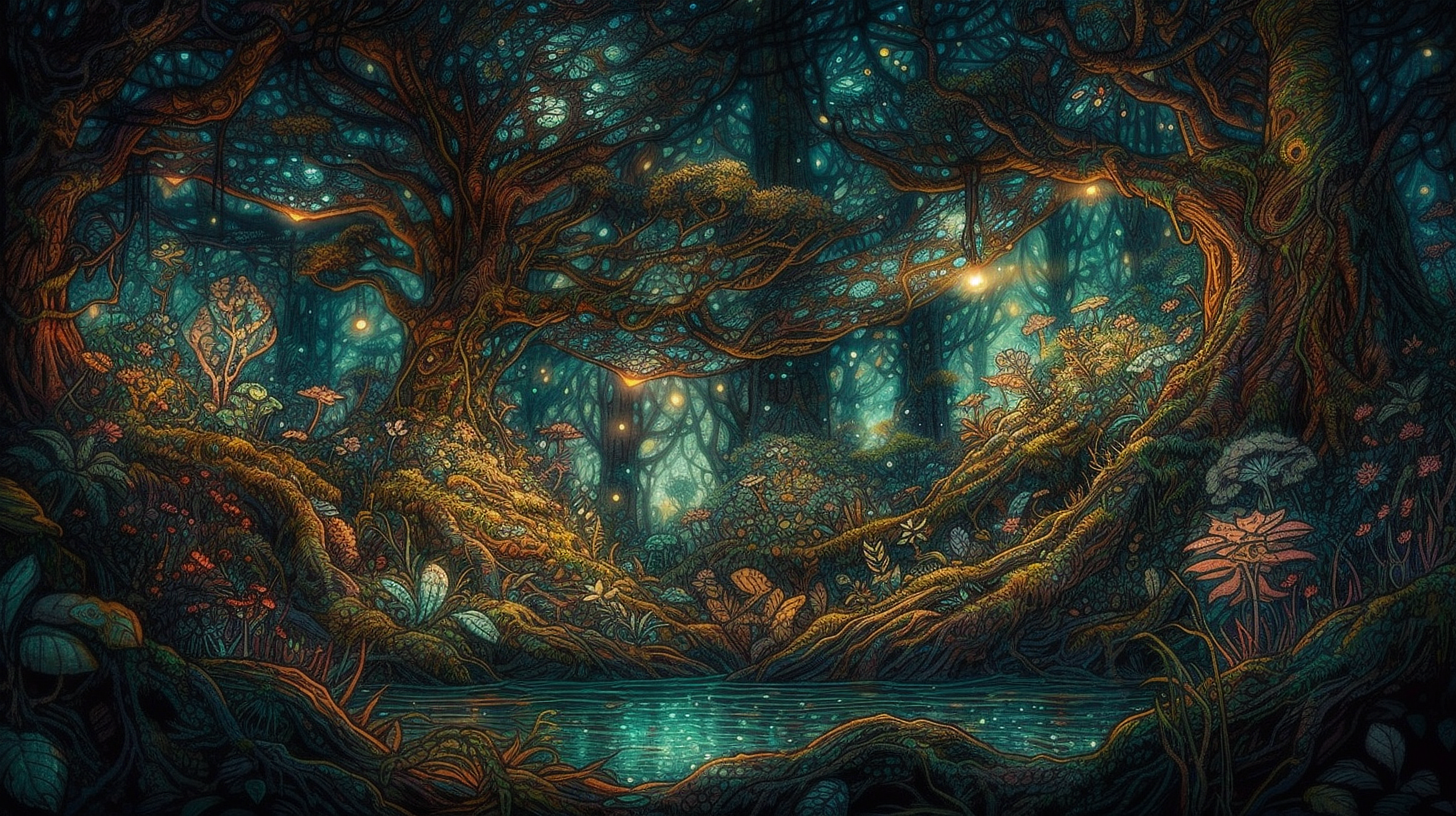 a painting of a forest with trees and a pond