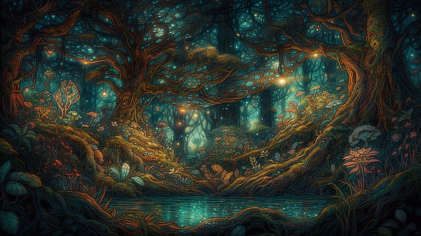 a painting of a forest with trees and a pond