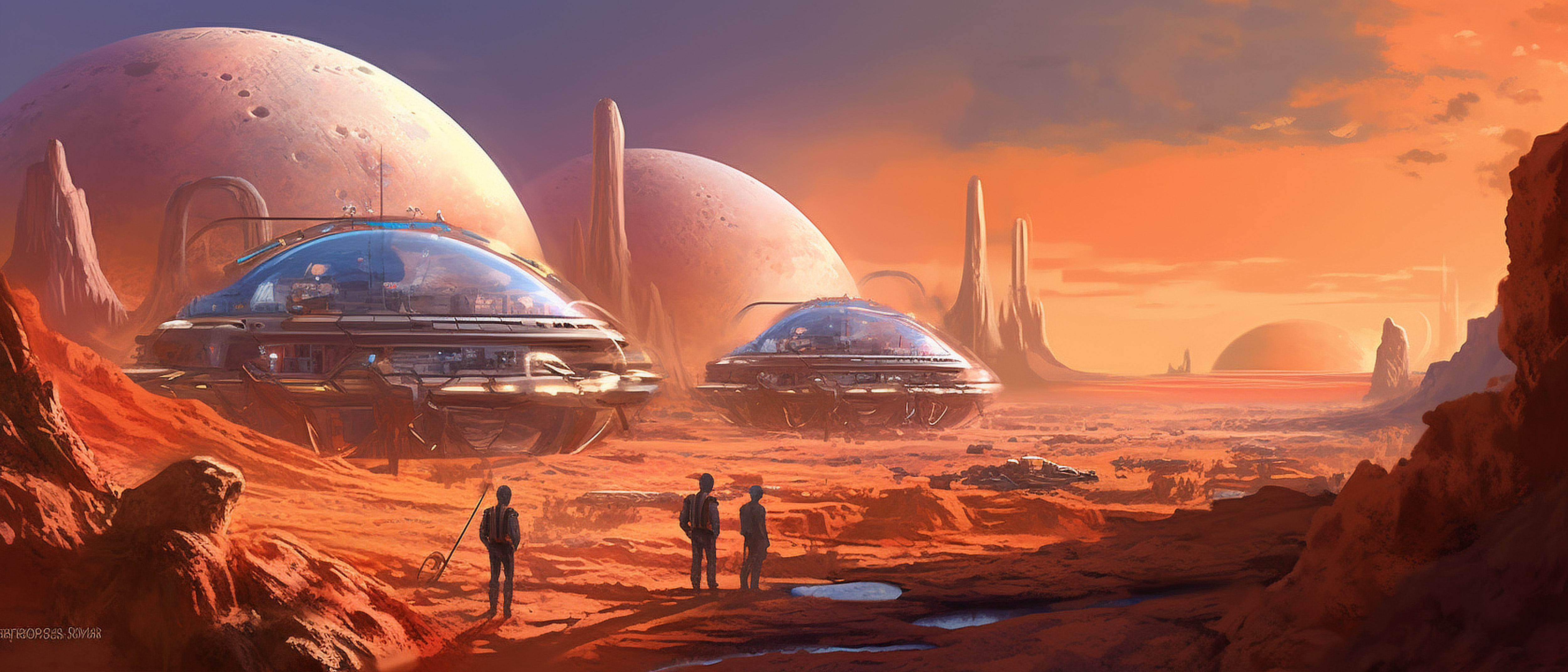 a group of people standing in a desert with a group of spaceships