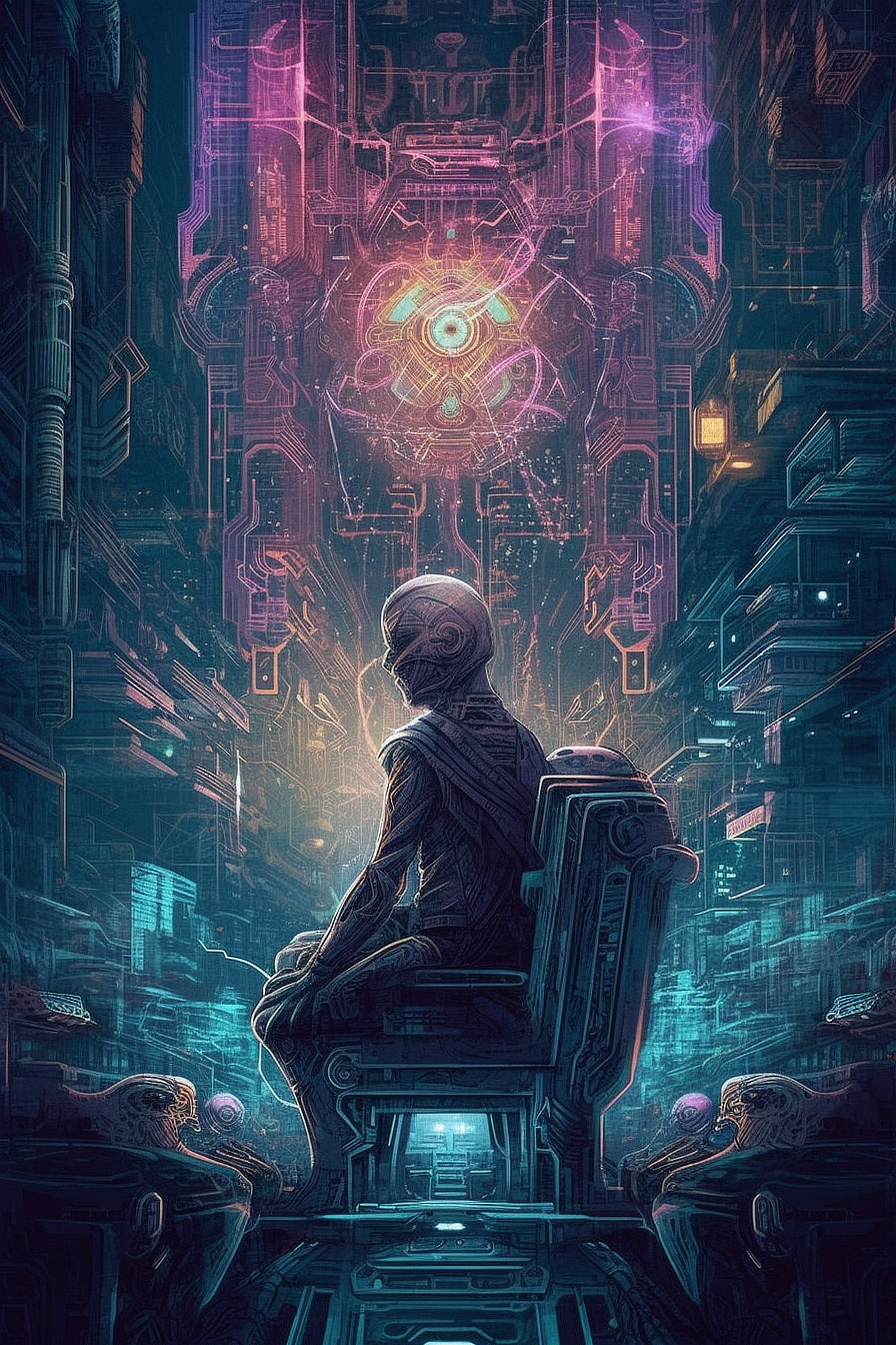 a person sitting in a chair looking at a large glowing object