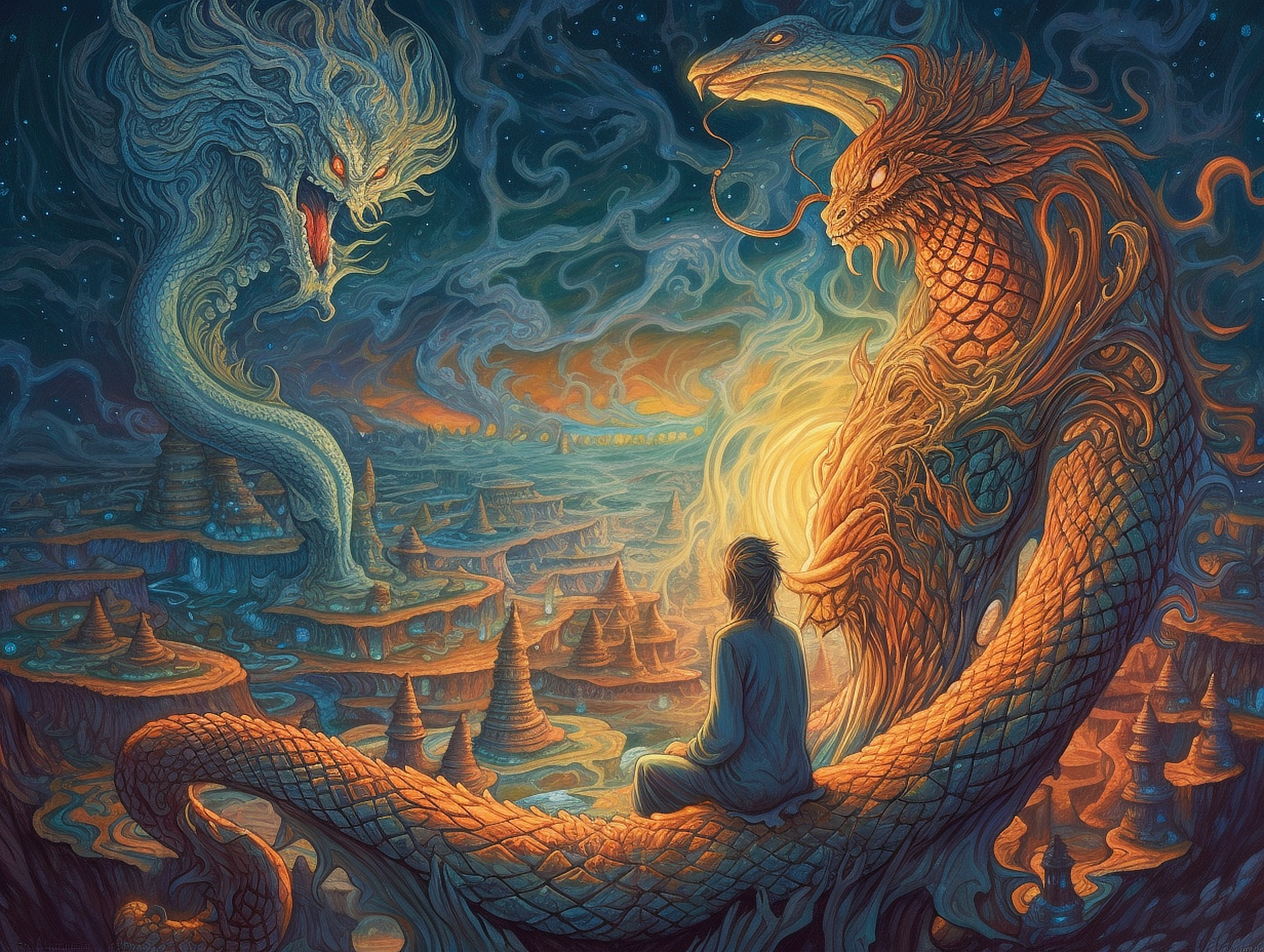a man sitting on a snake with two dragons