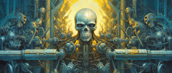 a skull in a room with many machines