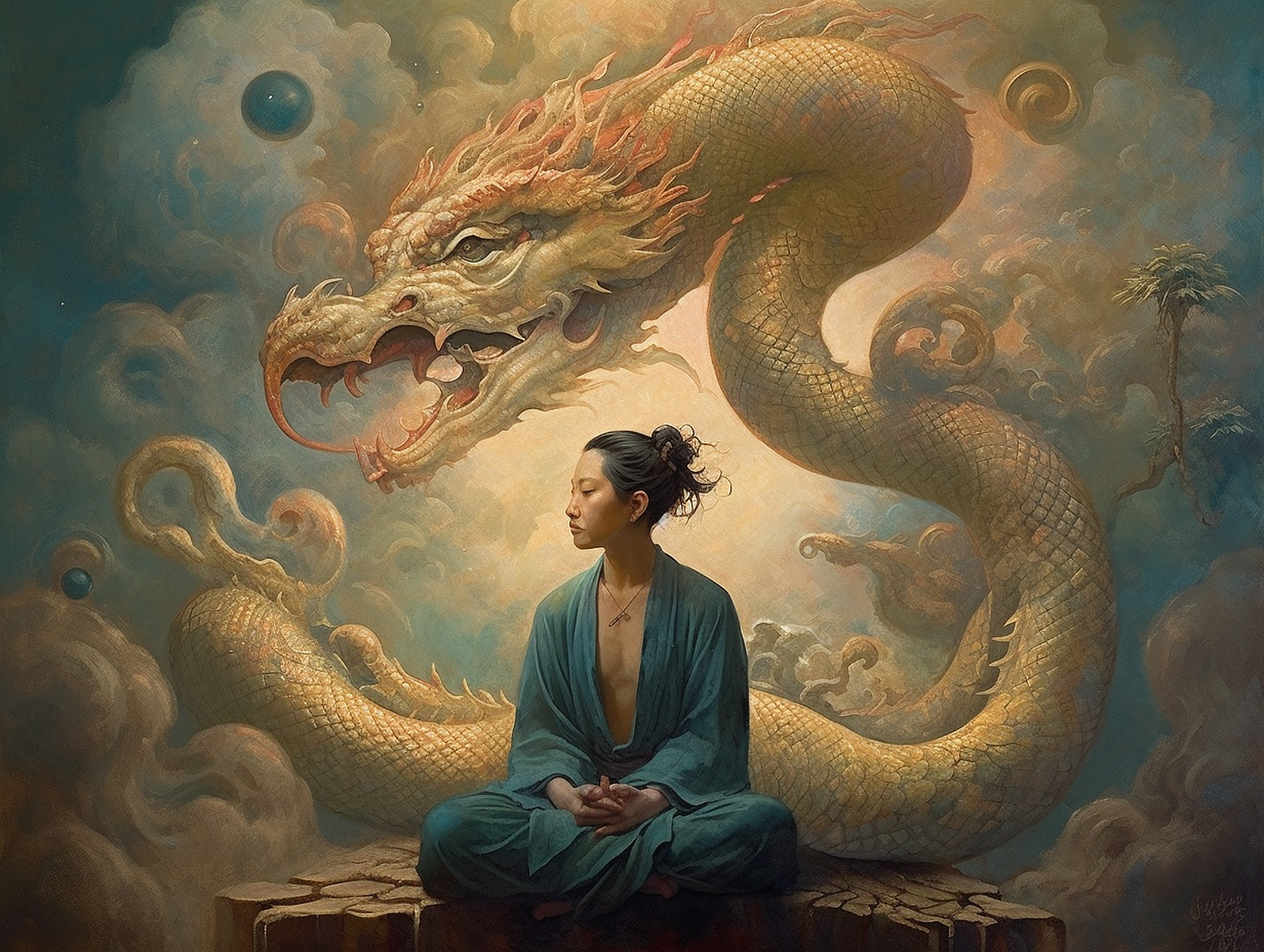a woman sitting in a lotus position with a dragon