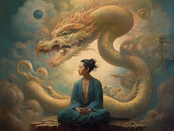 a woman sitting in a lotus position with a dragon