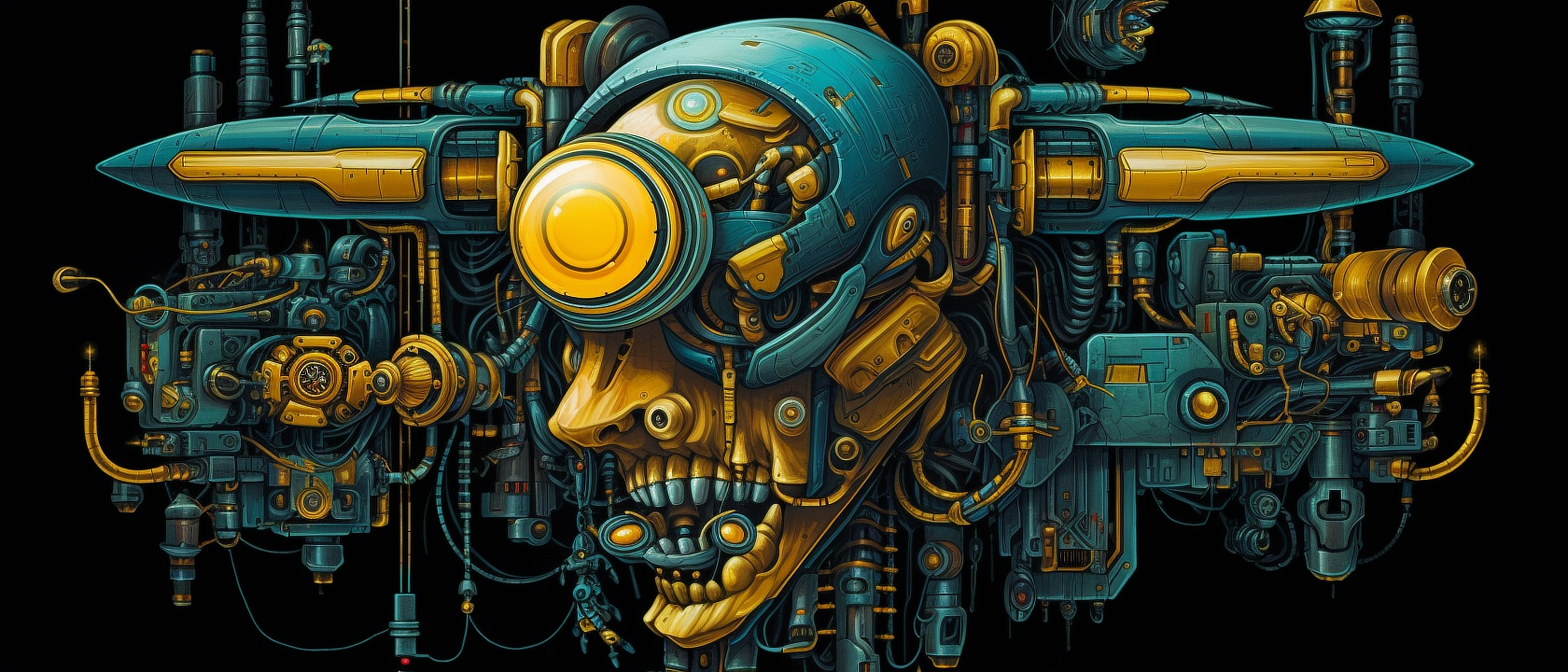 a robot head with a yellow and blue face