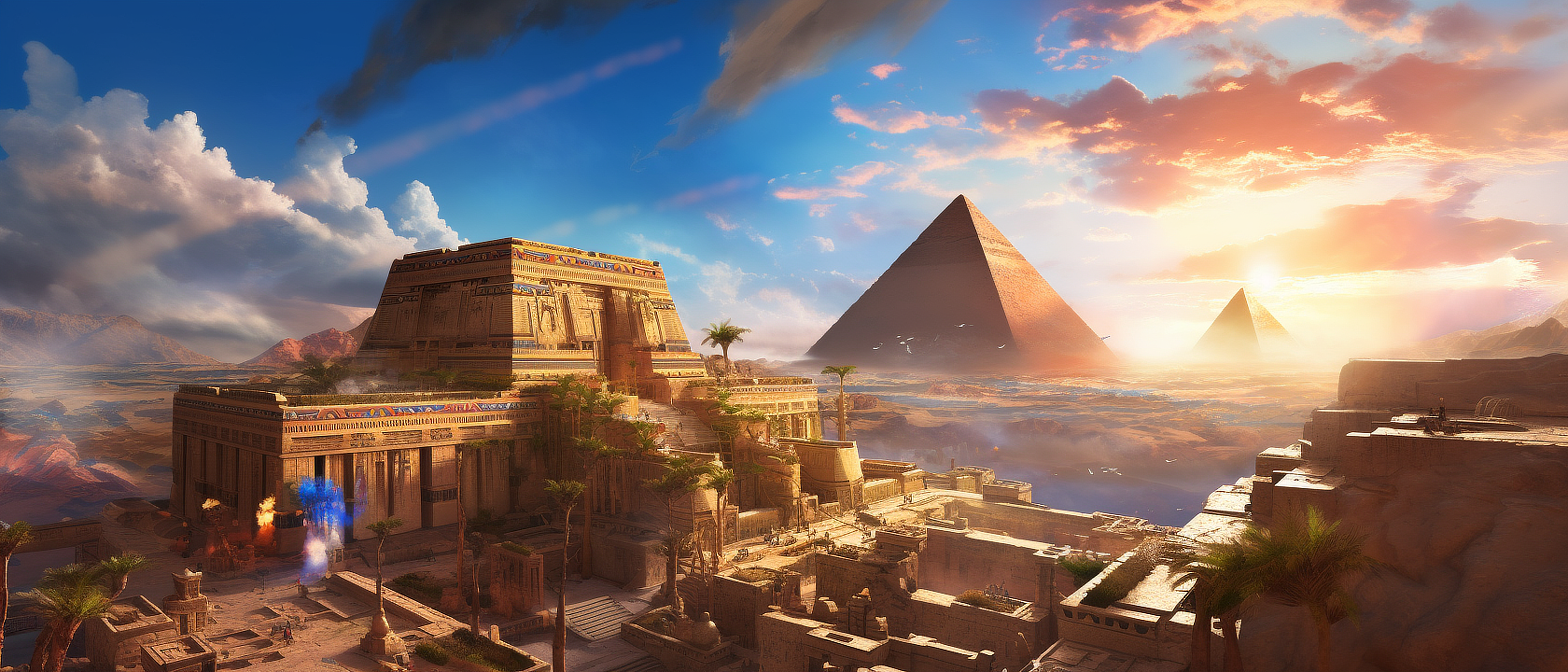 a pyramids and buildings in the desert