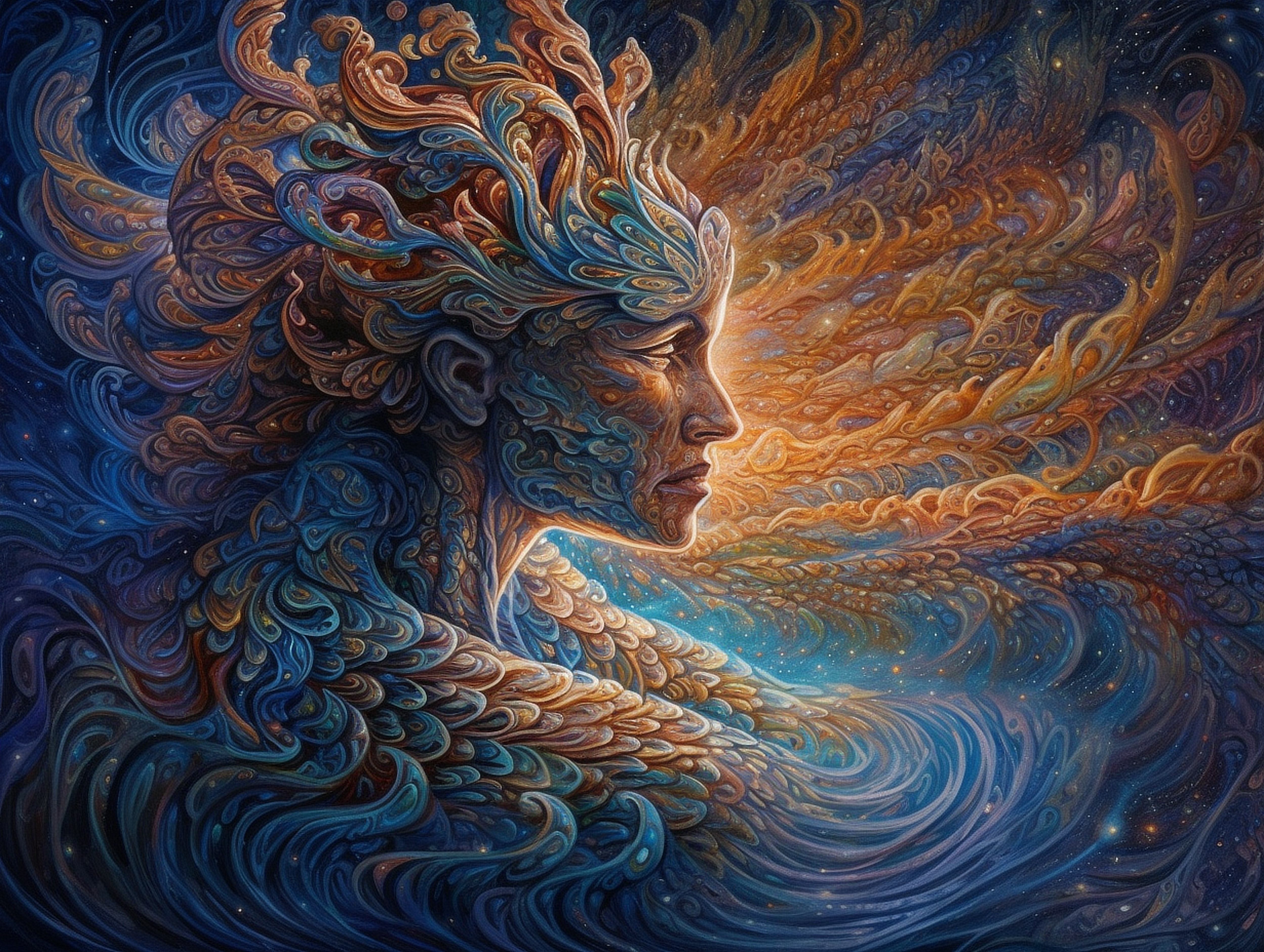 a painting of a woman with colorful patterns