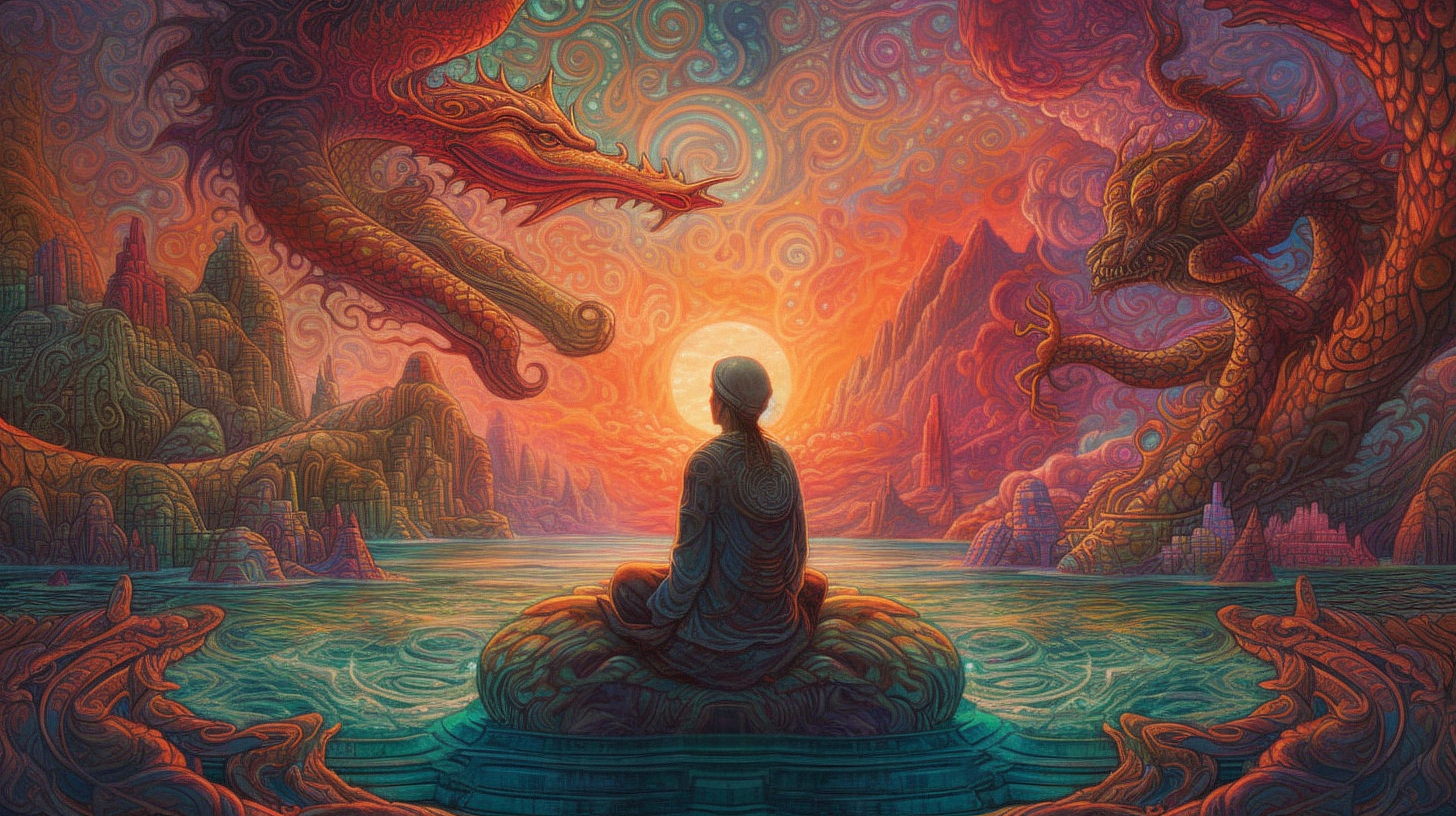 a man sitting on a rock in front of a dragon