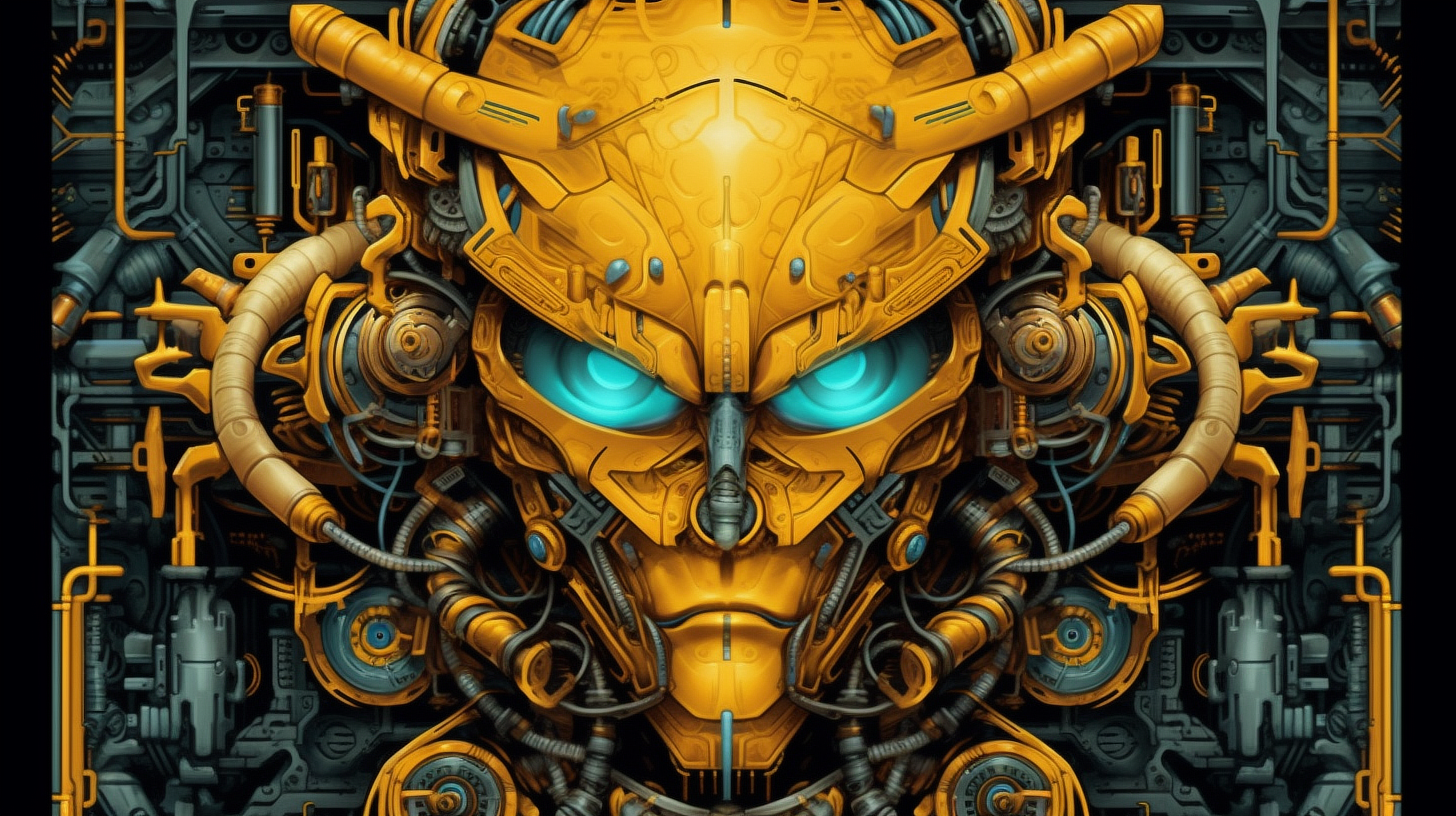 a yellow robot face with blue eyes