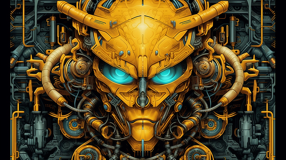 a yellow robot face with blue eyes