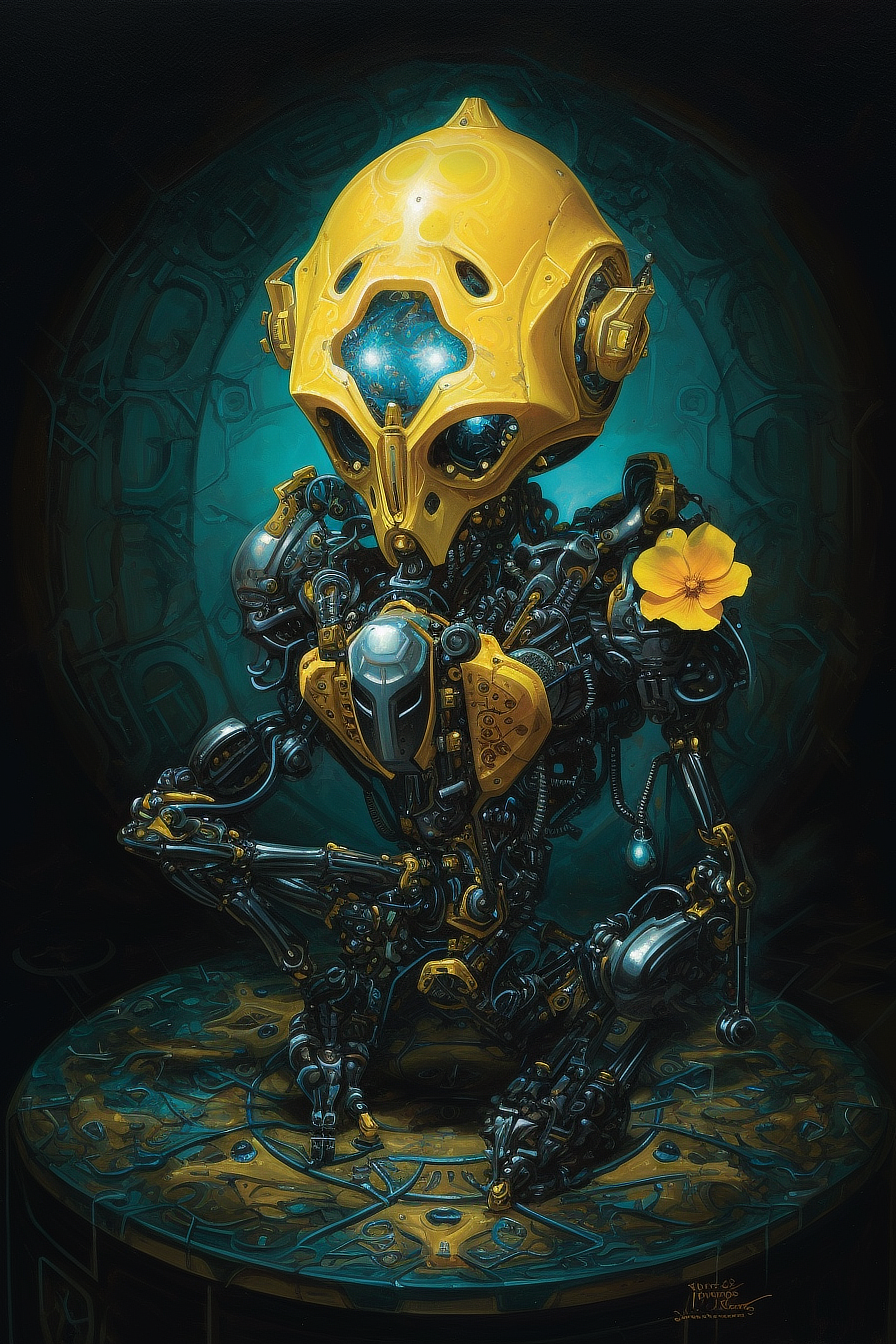 a robot with a yellow flower