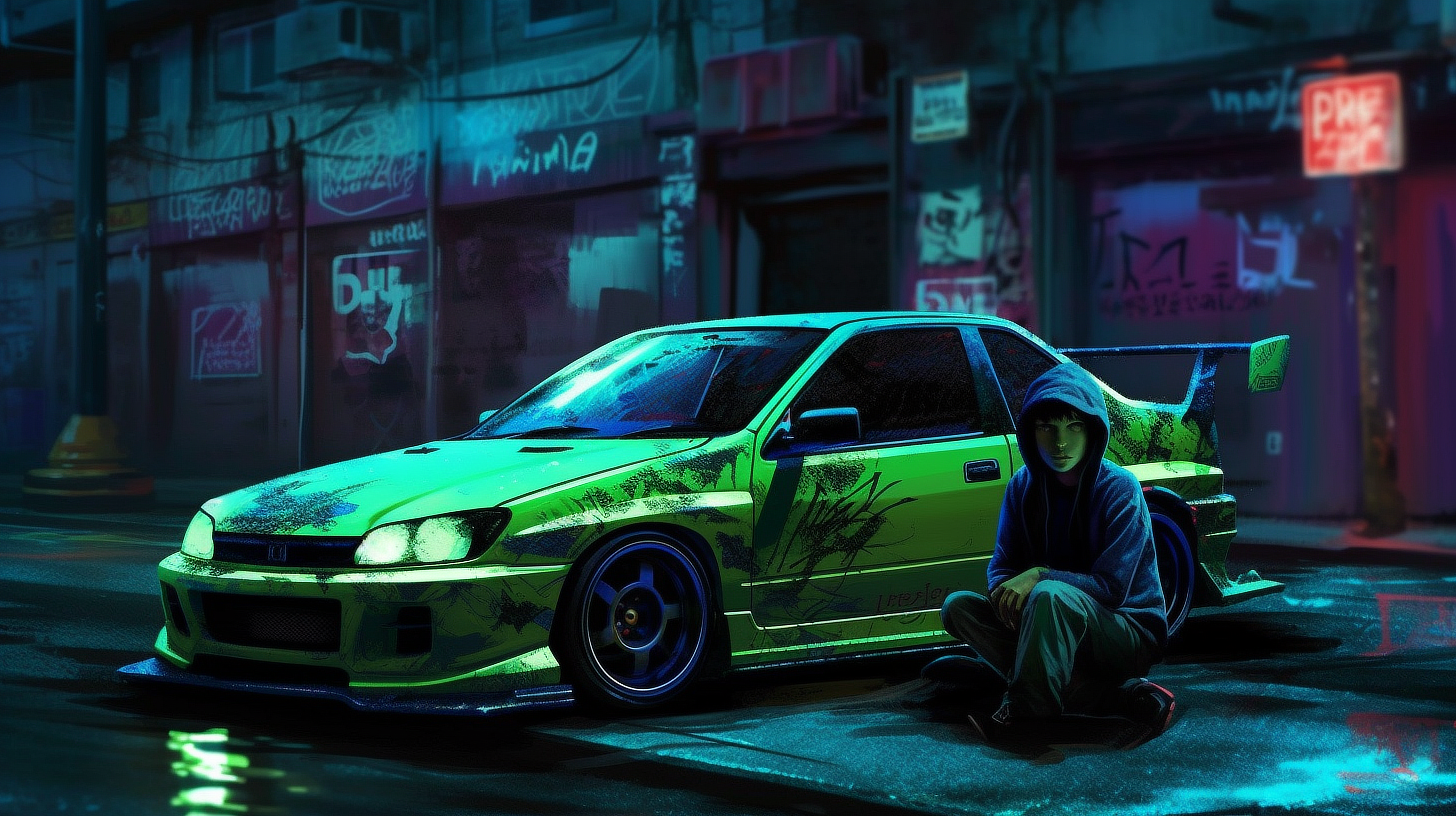 a man sitting on a green car