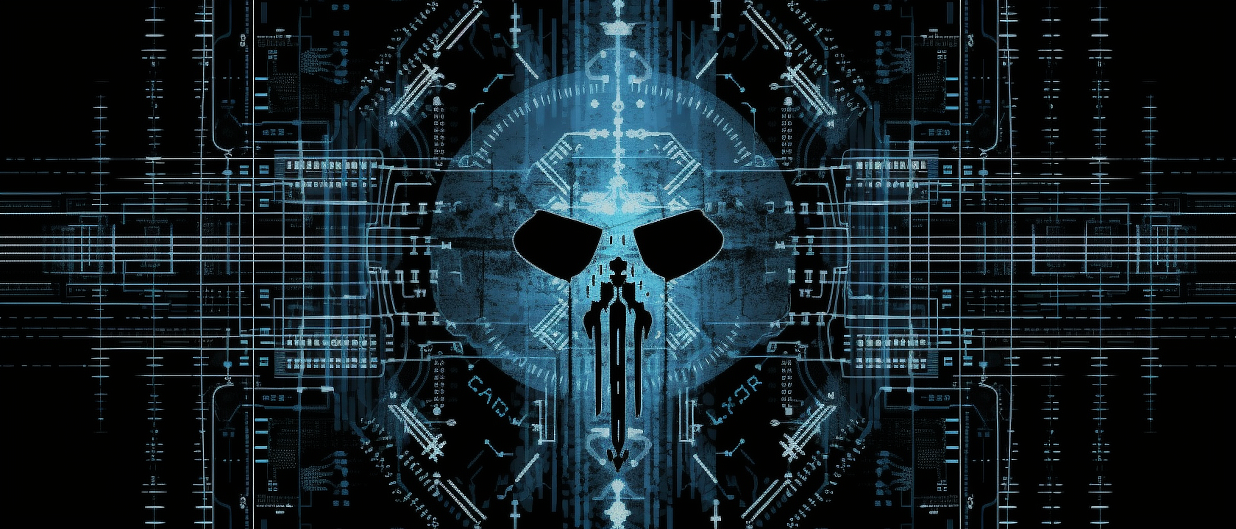 a blue and black background with a skull and circuit board