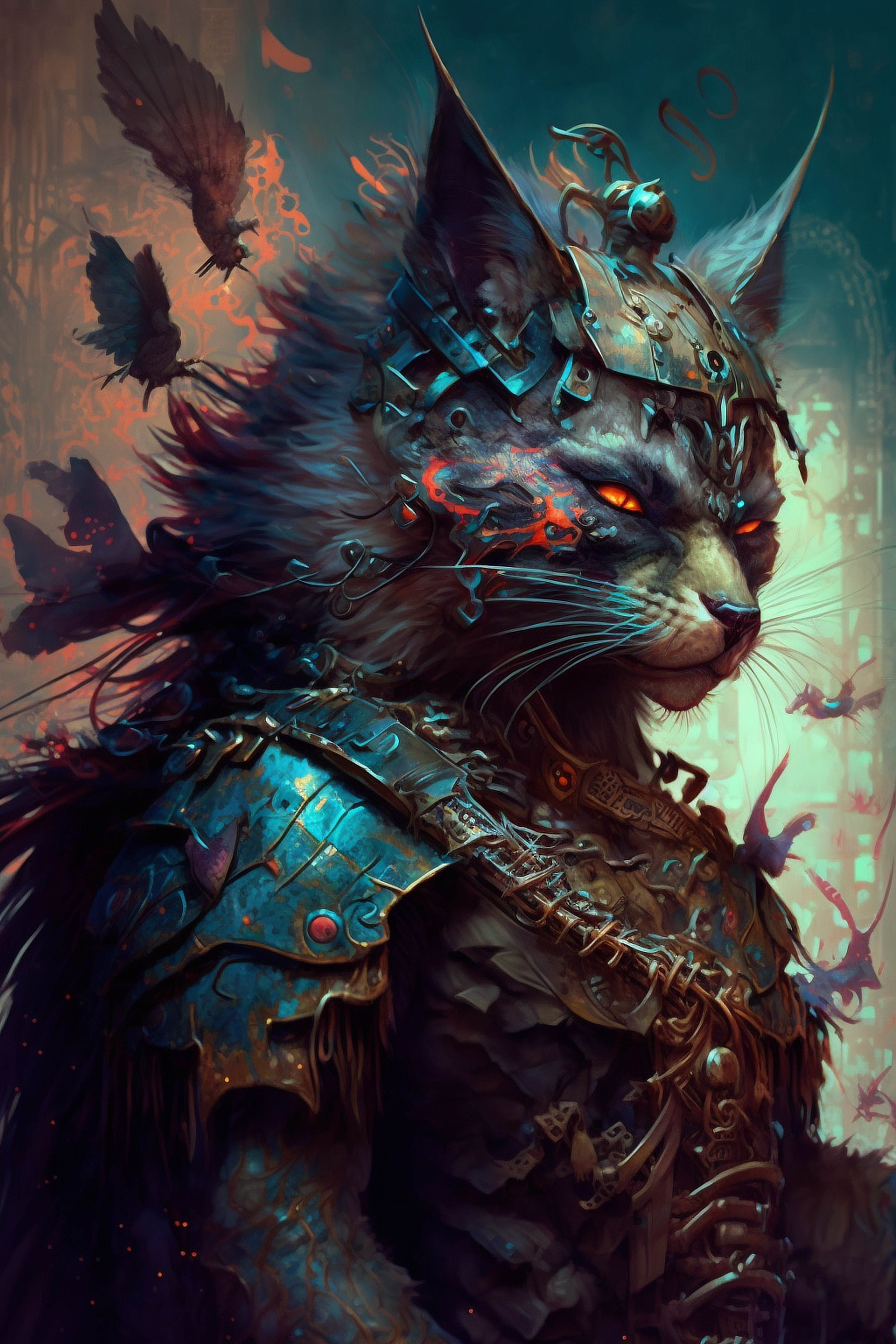 a cat in armor with birds flying around
