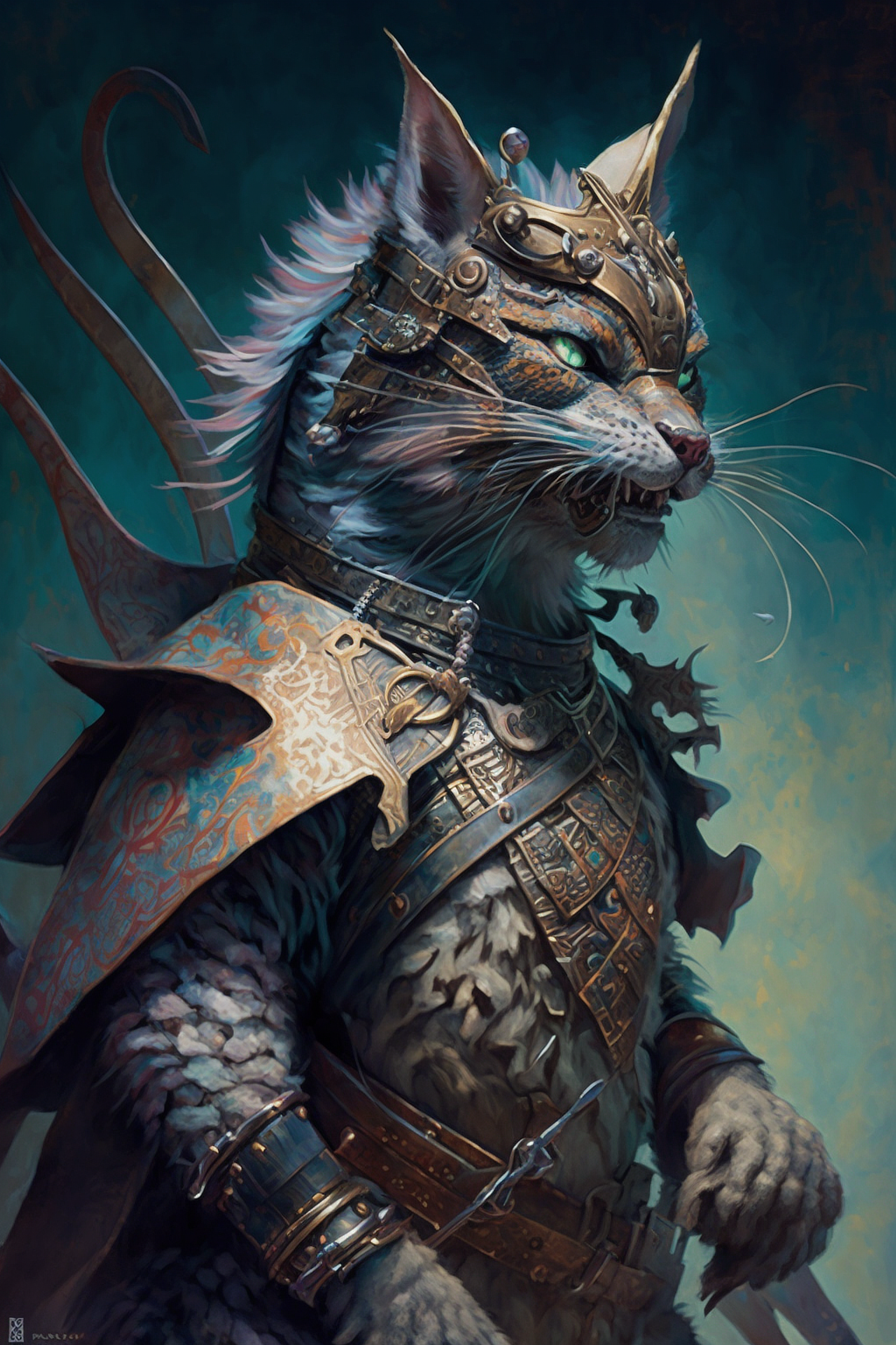 a cat in armor with a sword