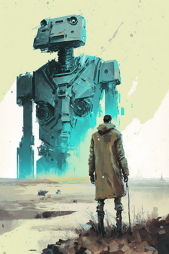 a man standing in a desert looking at a large robot