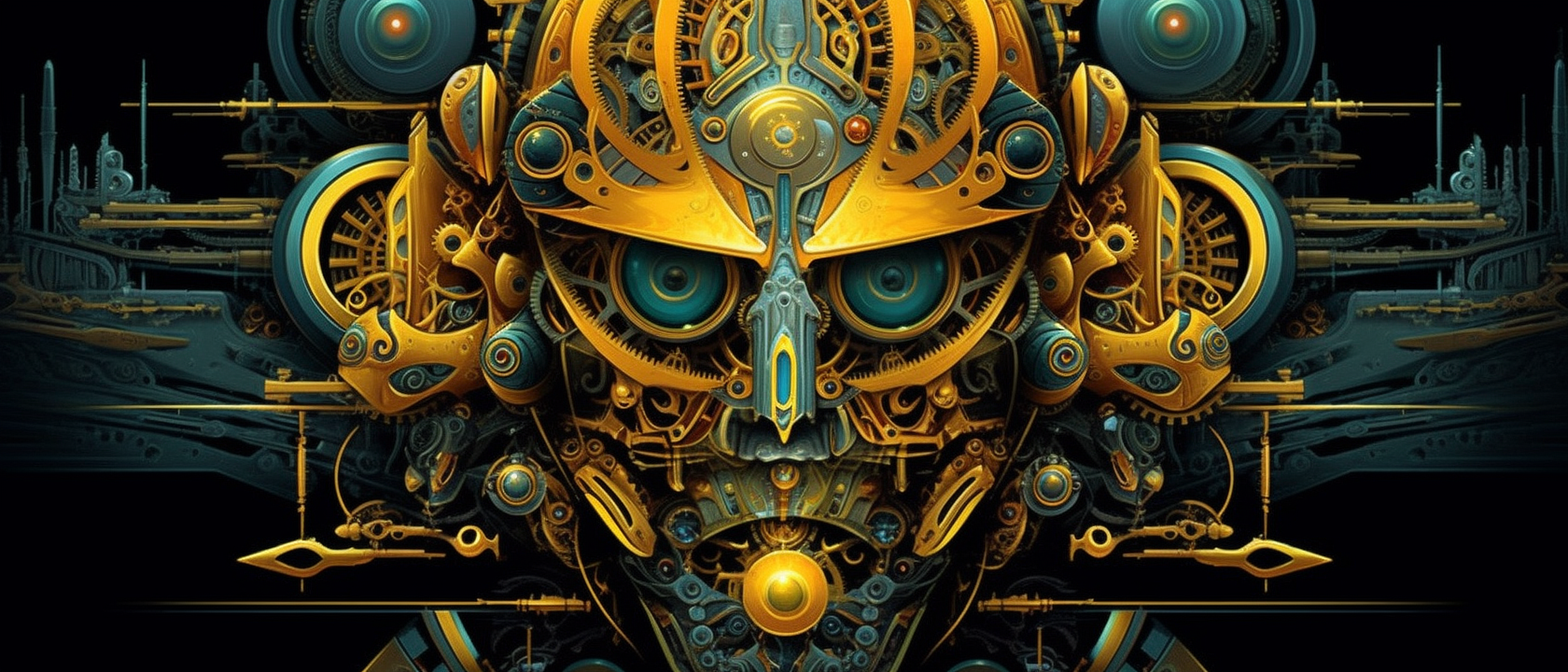 a gold and blue robot face
