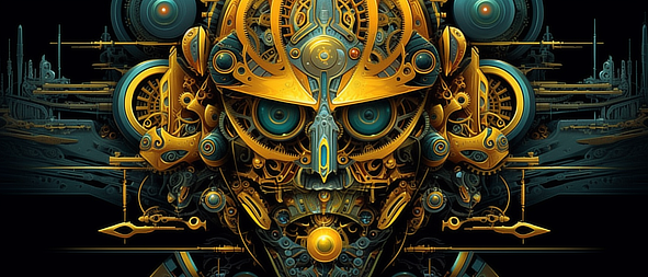 a gold and blue robot face