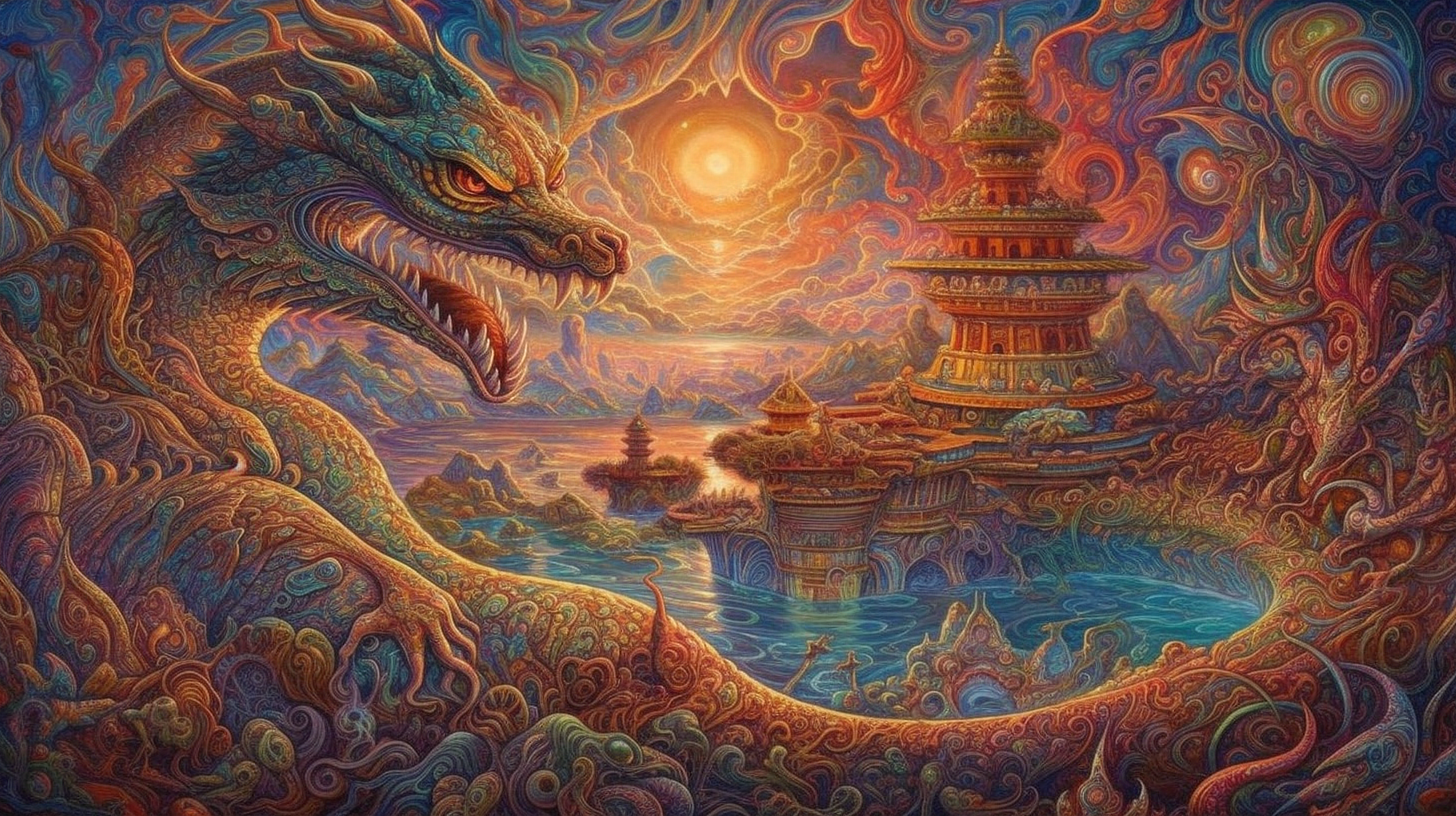 a dragon and a temple