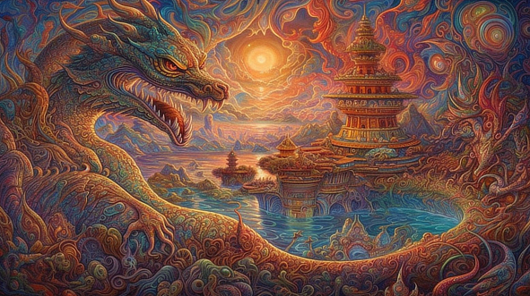 a dragon and a temple