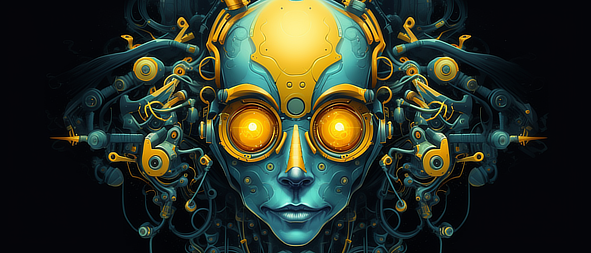 a robot with yellow and blue eyes