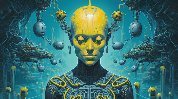 a person with yellow face and many round objects