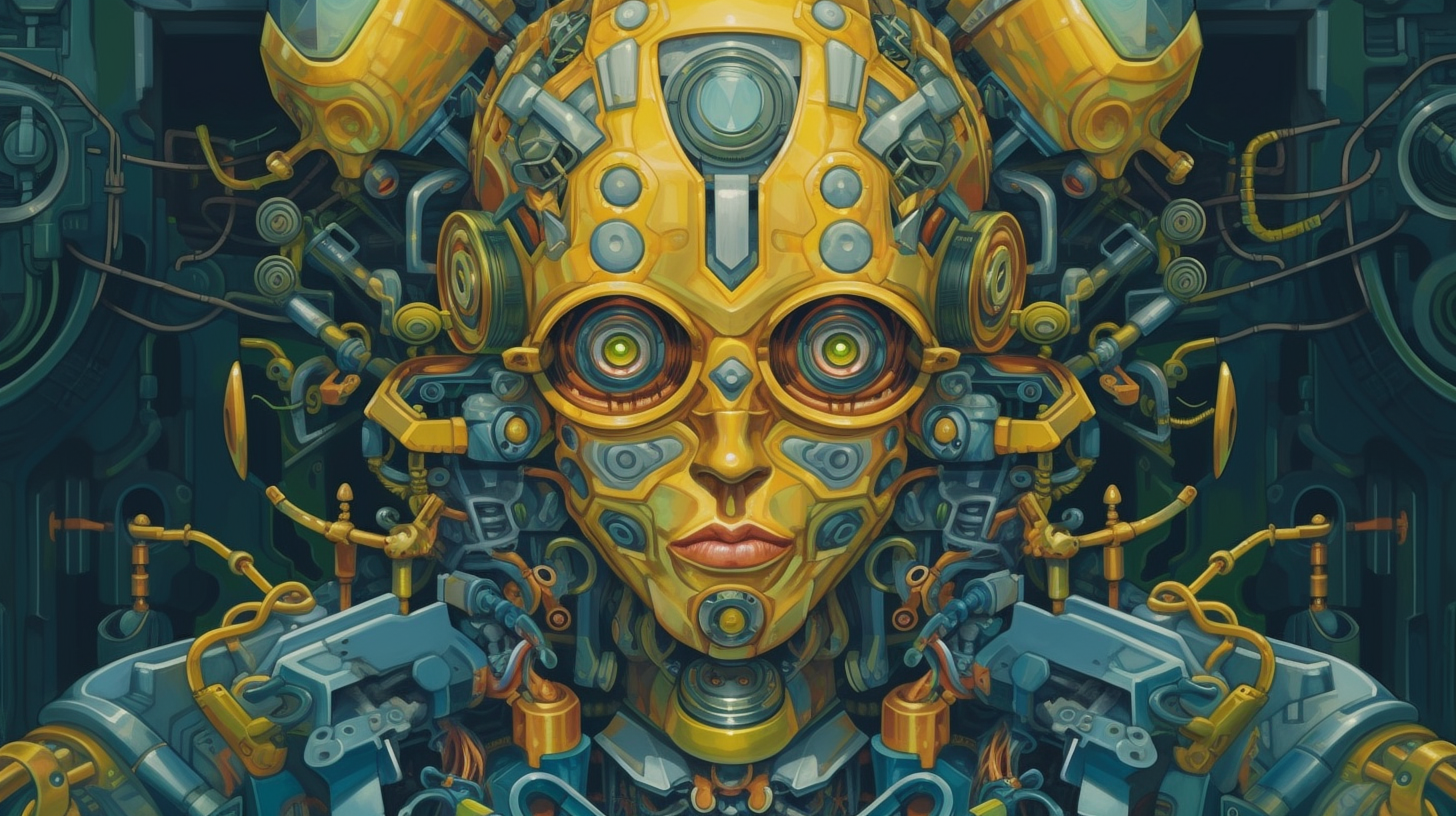 a yellow and silver robot head