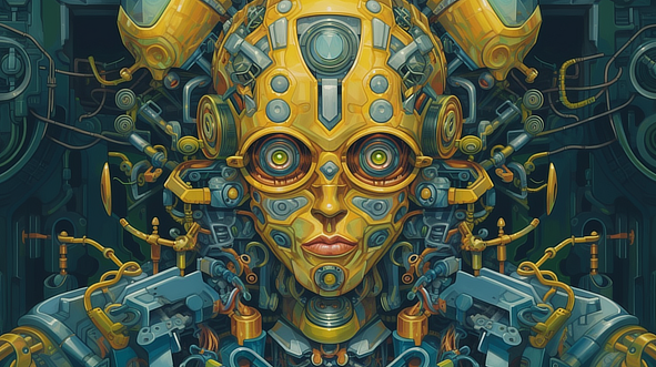 a yellow and silver robot head