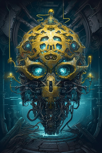 a yellow and blue robot head