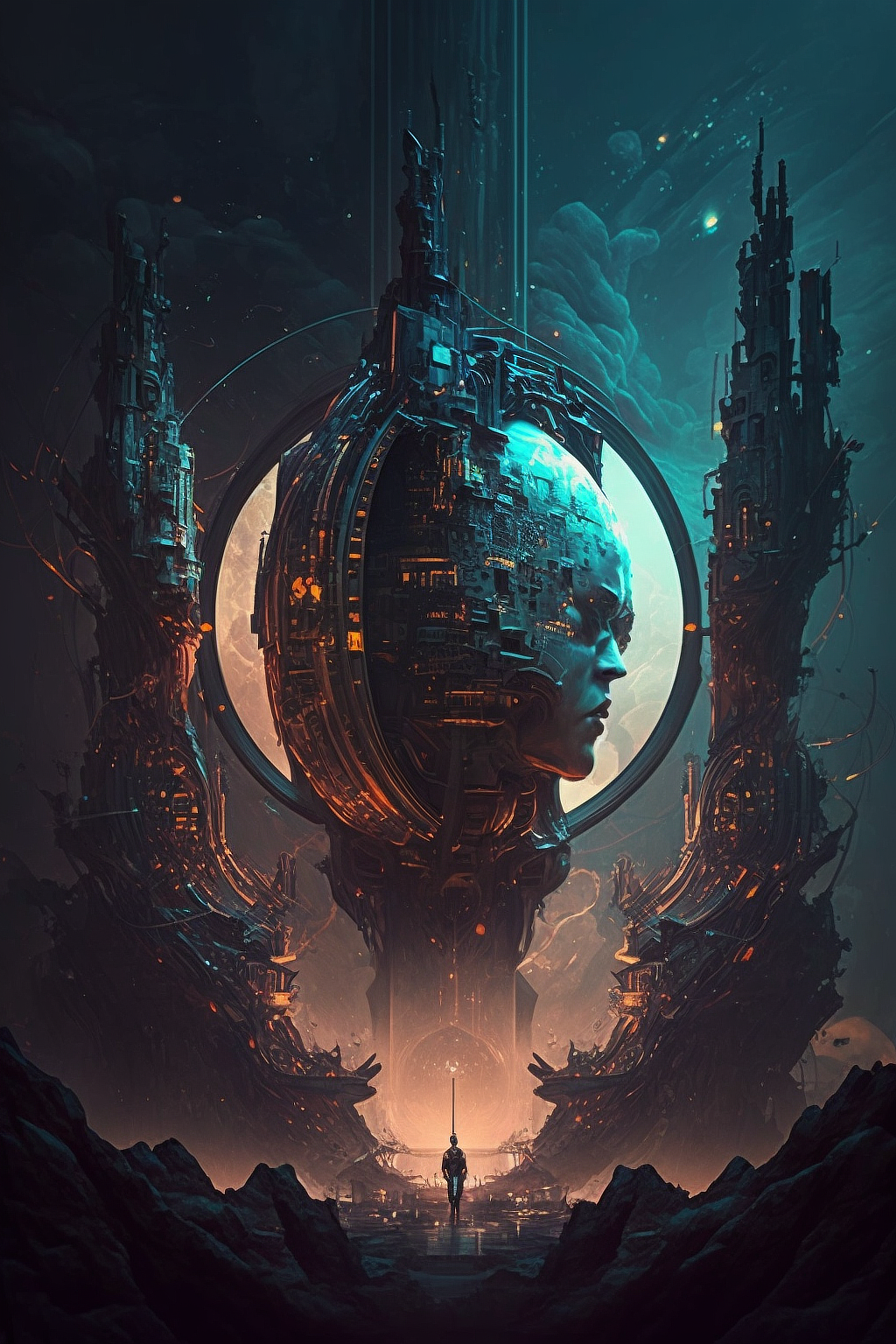 a digital art of a face in a round structure