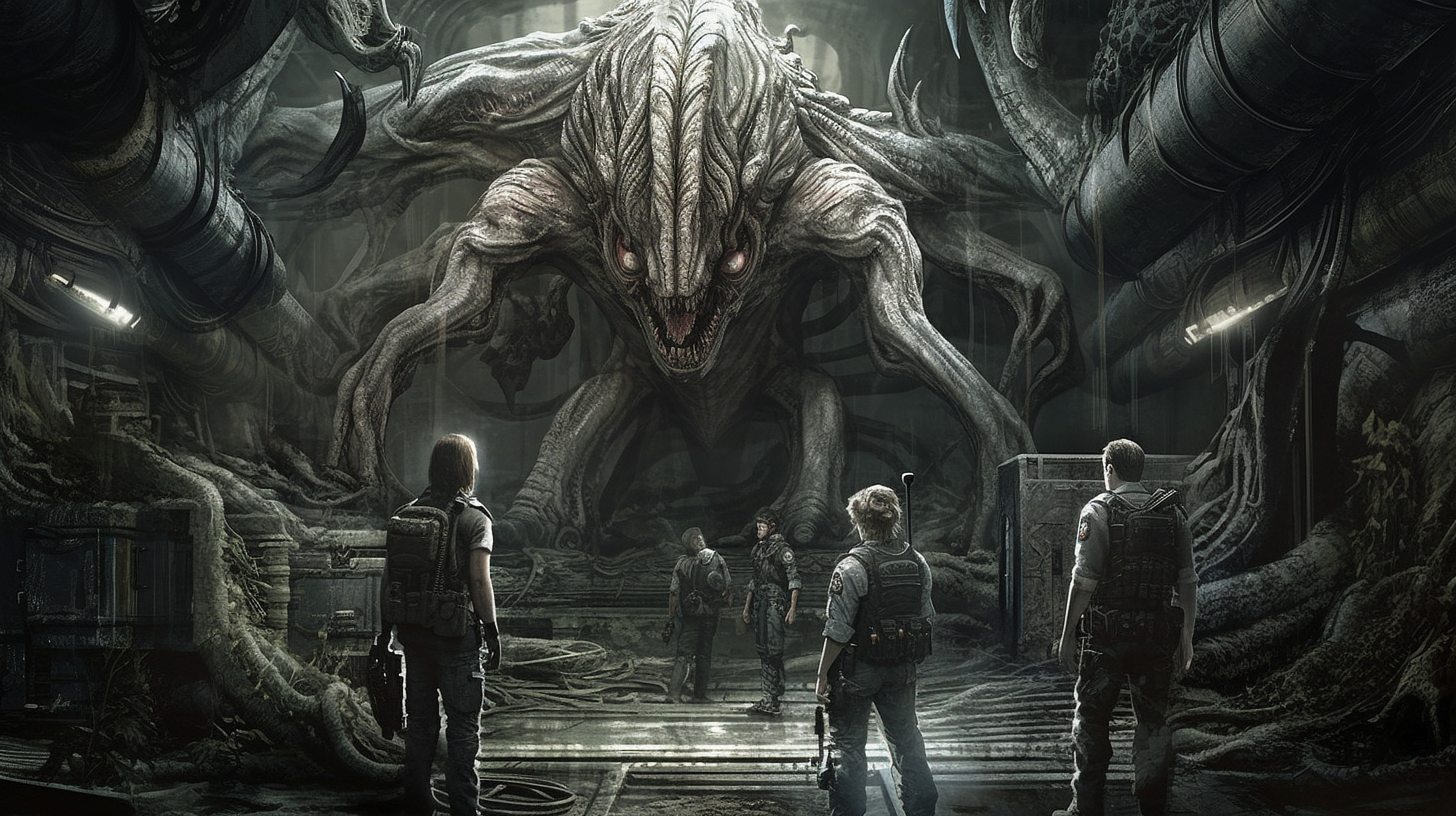 a group of people looking at a giant creature