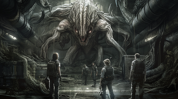 a group of people looking at a giant creature