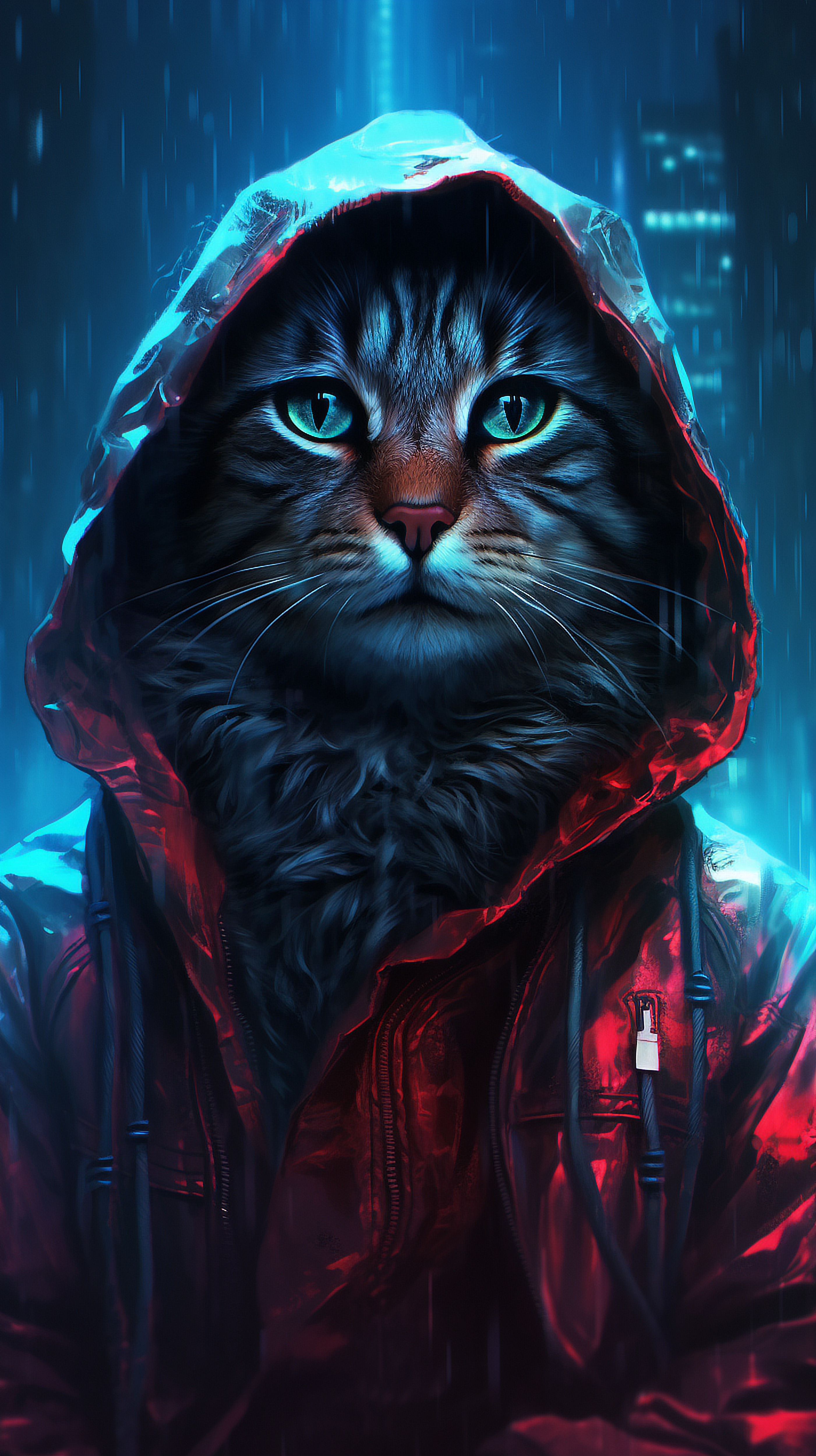 a cat wearing a red jacket
