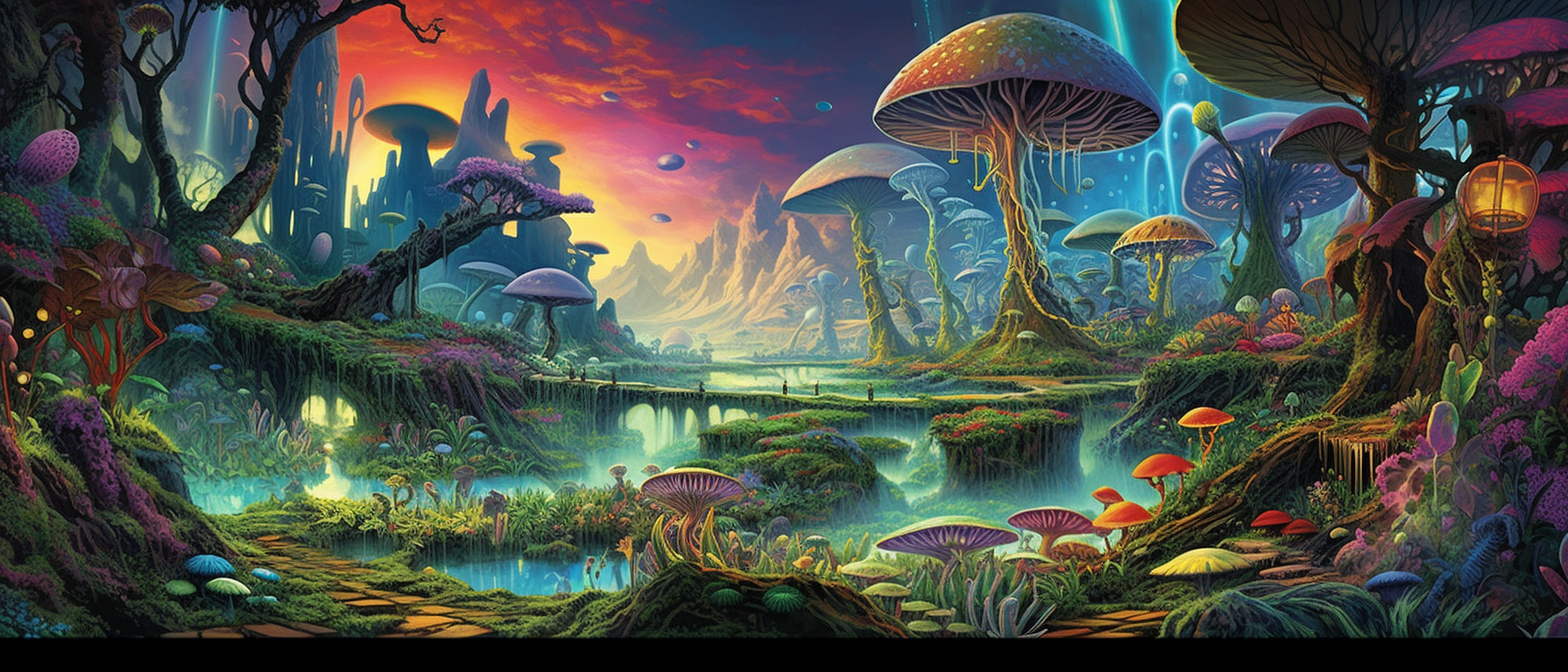 a colorful landscape with mushrooms and a river