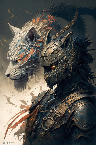 a person in armor with a white cat
