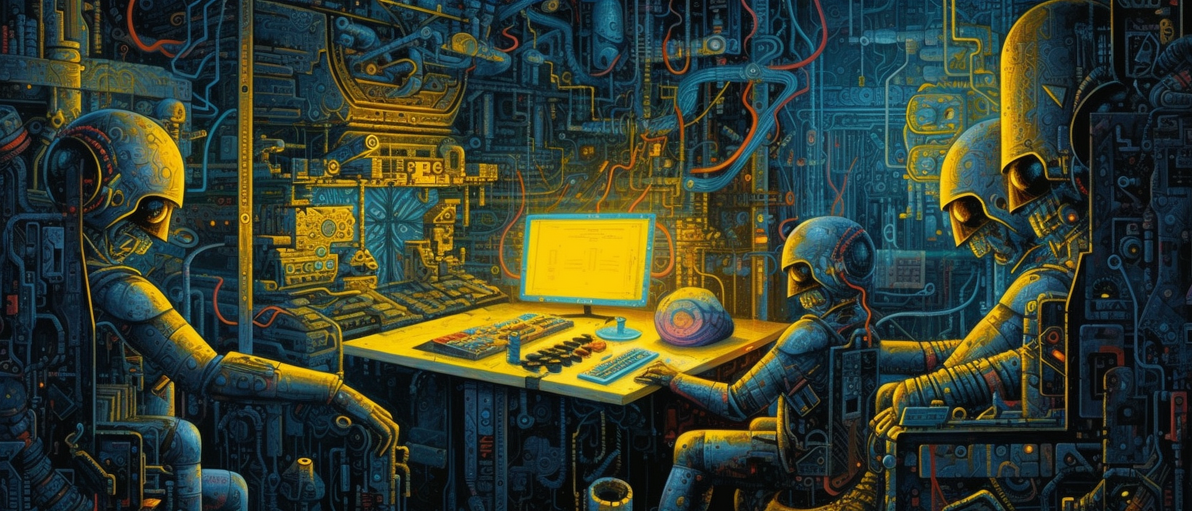 a computer room with robots and a computer