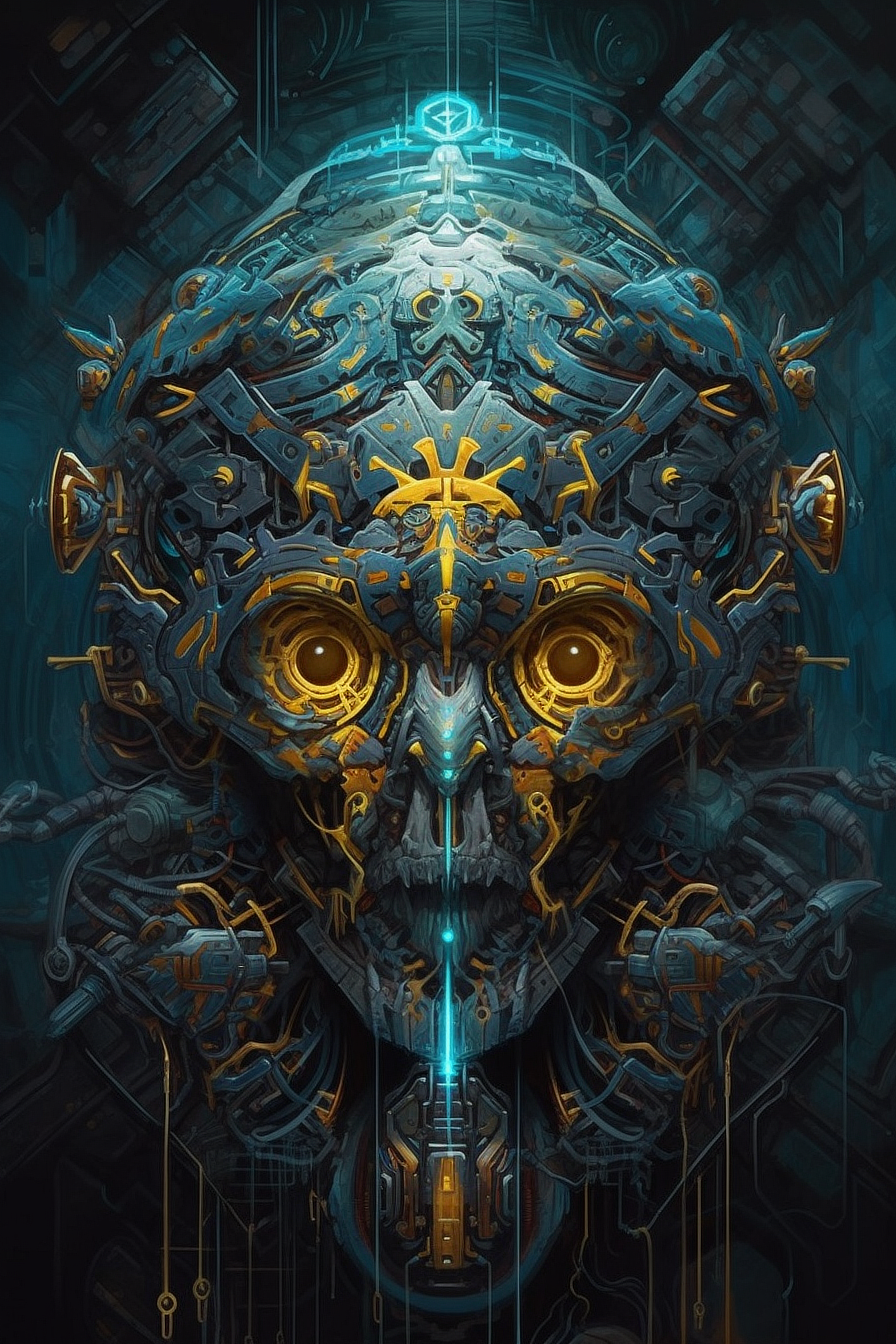 a robot head with yellow and blue eyes