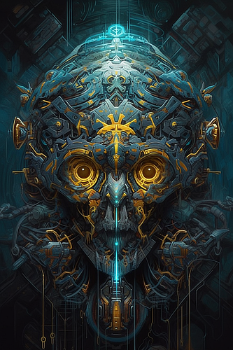 a robot head with yellow and blue eyes