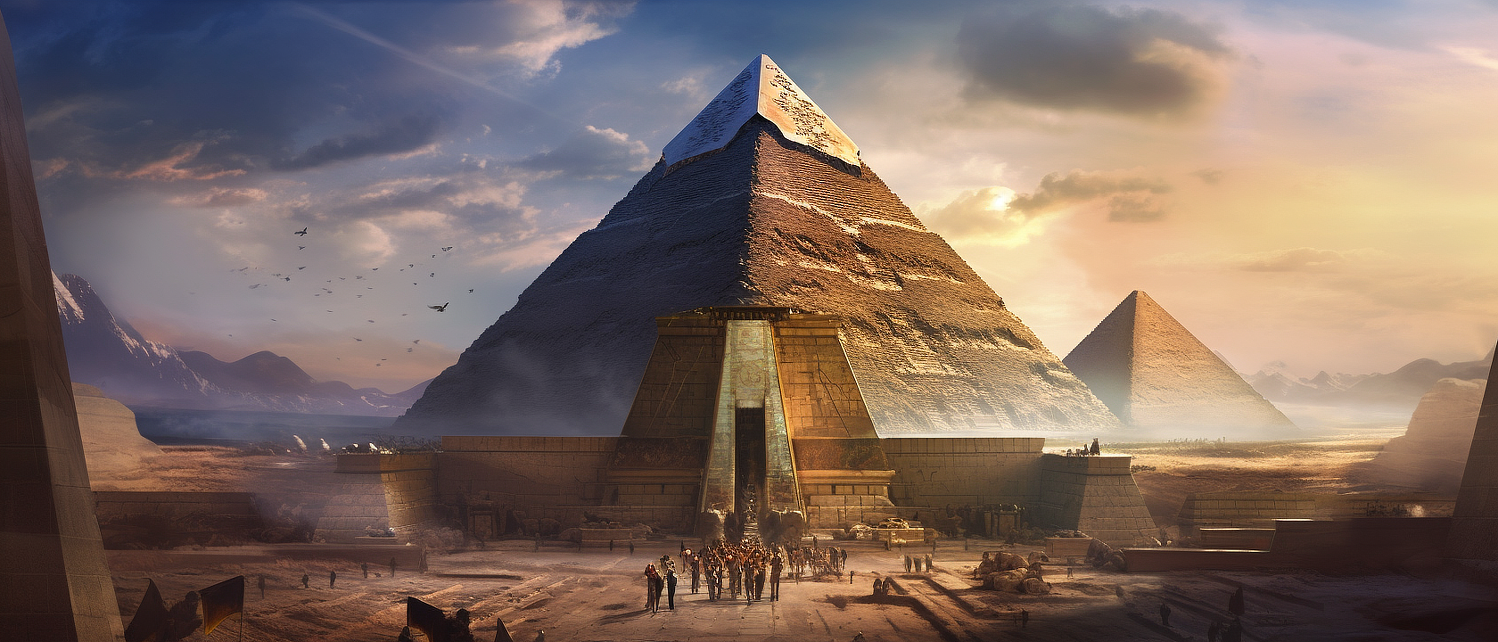 a group of people standing in front of a pyramid