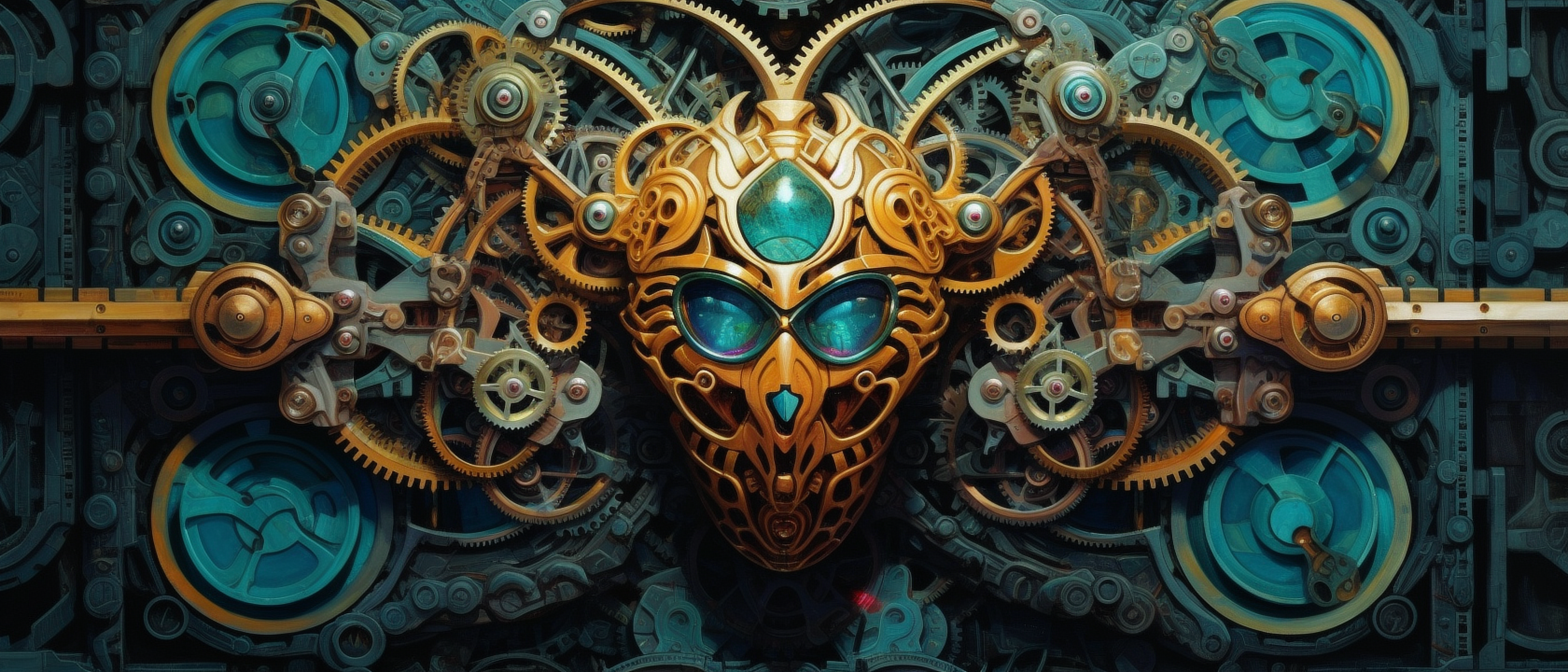 a gold and blue metal mask