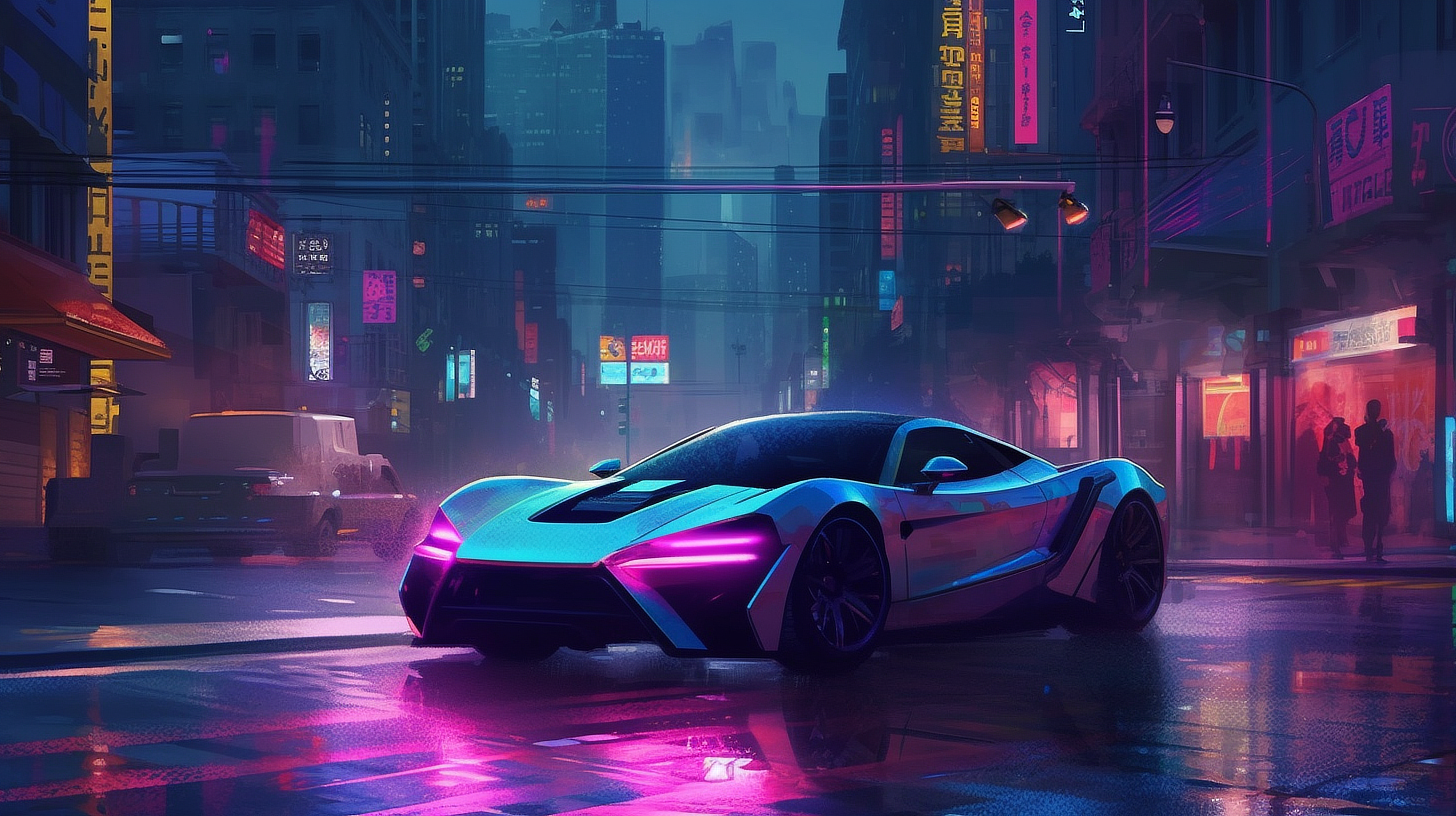 a sports car on a street in a city