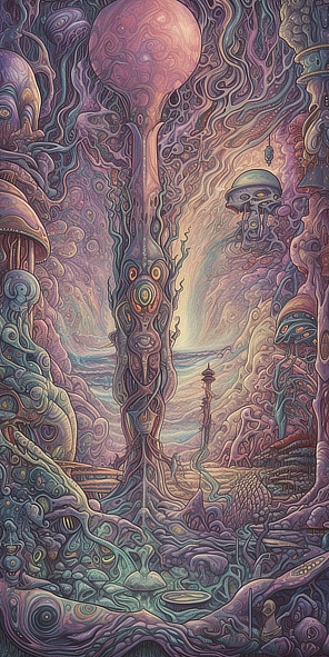 a colorful art of a tree with mushrooms and a path