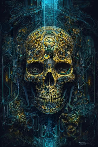 a skull with gears and metal parts