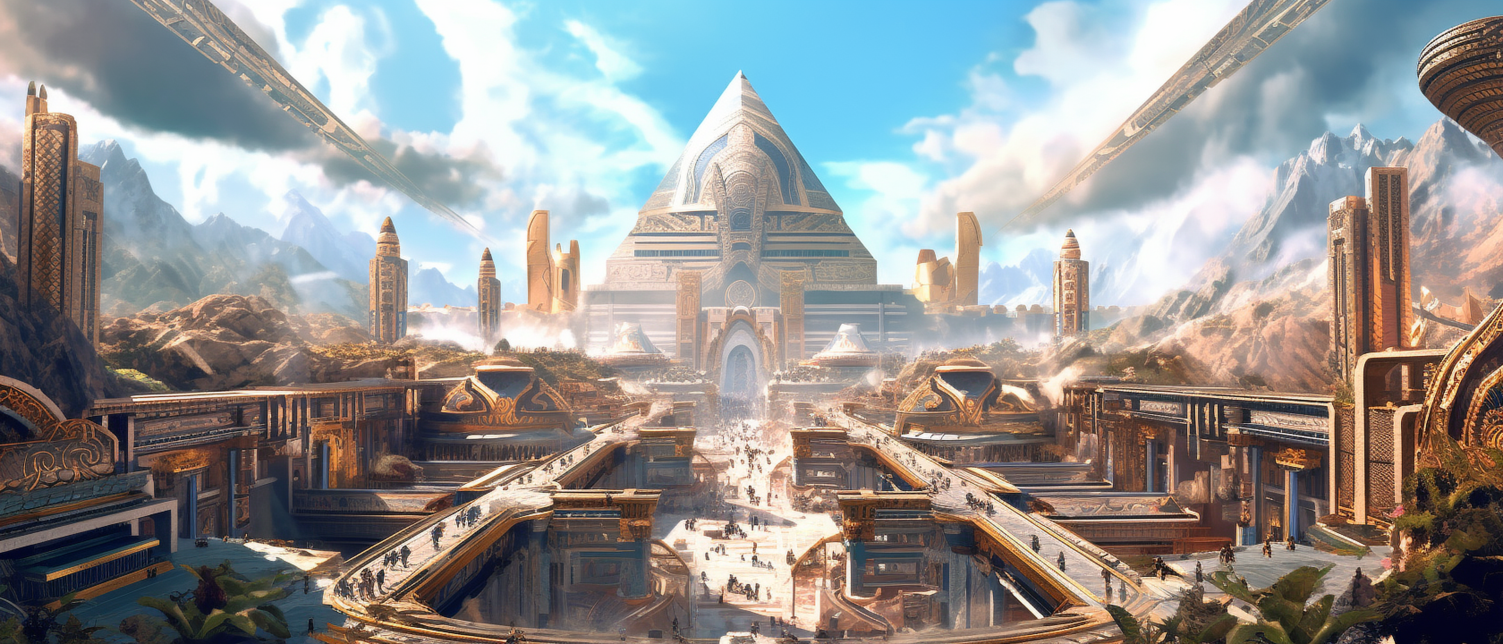 a large pyramid shaped building with many buildings and people walking