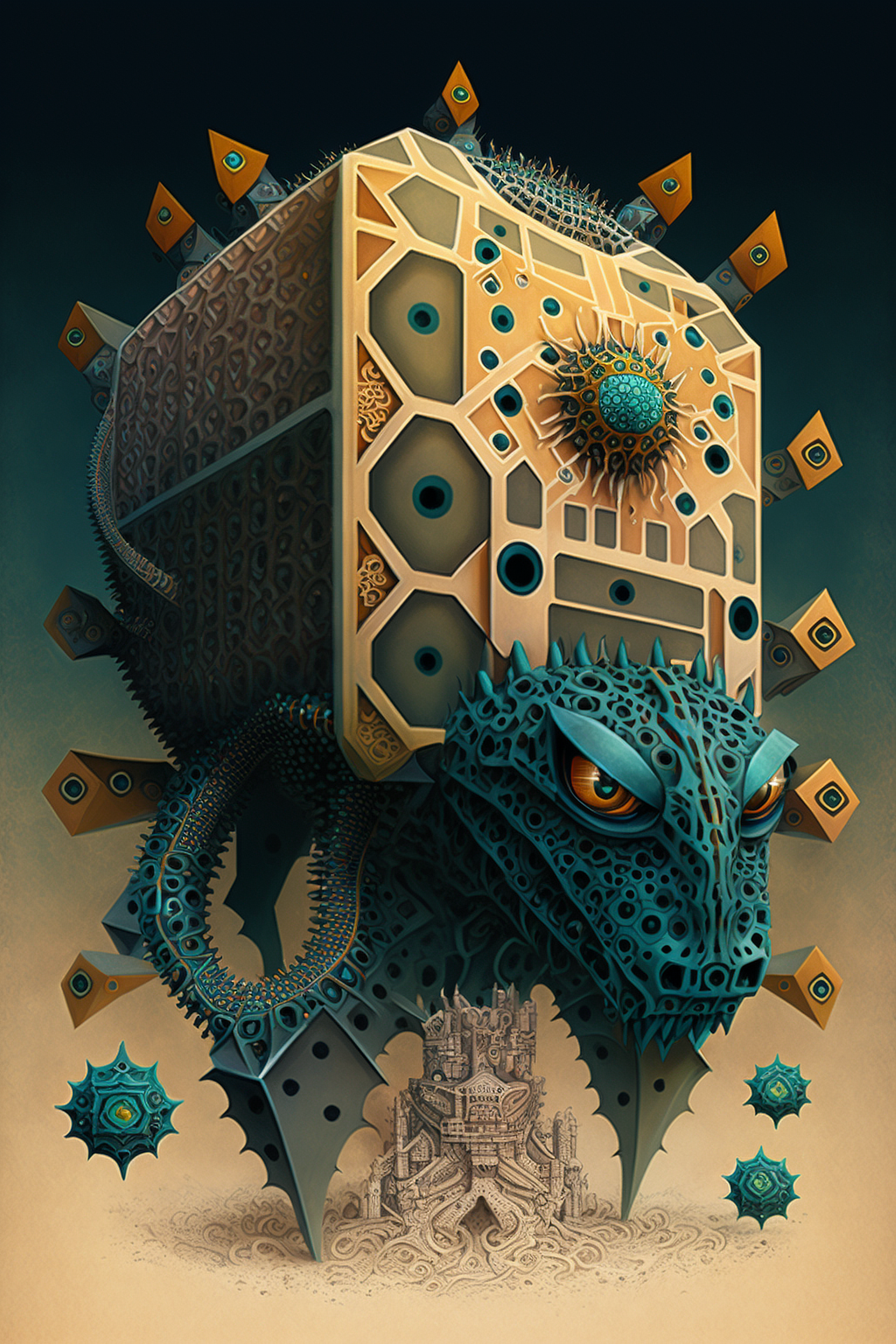 a artwork of a lizard with a box on its head