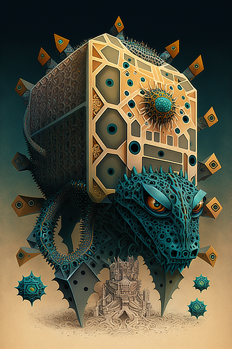 a artwork of a lizard with a box on its head