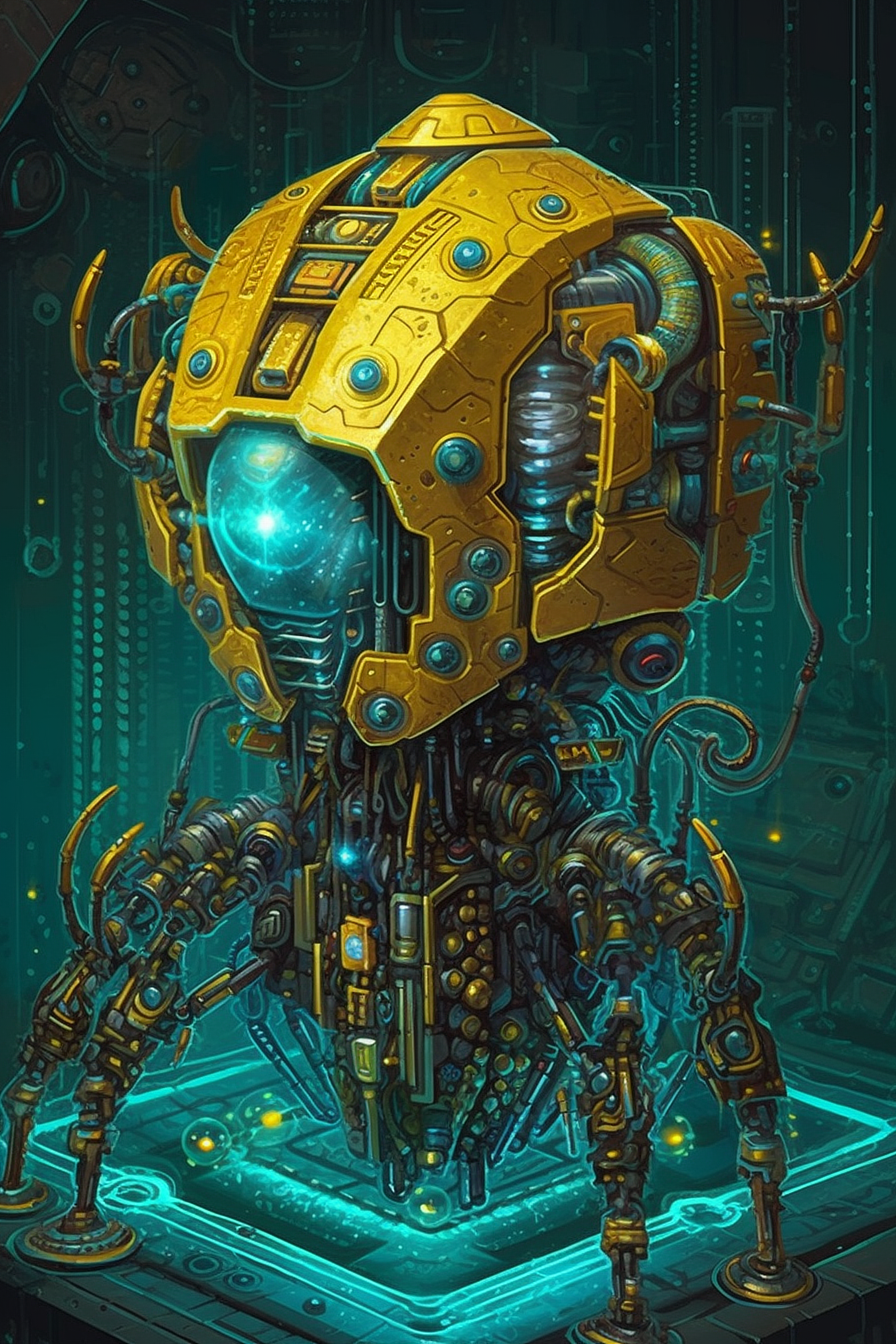 a yellow robot with blue eyes