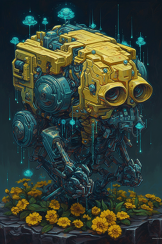 a yellow robot with large eyes and a few small circles