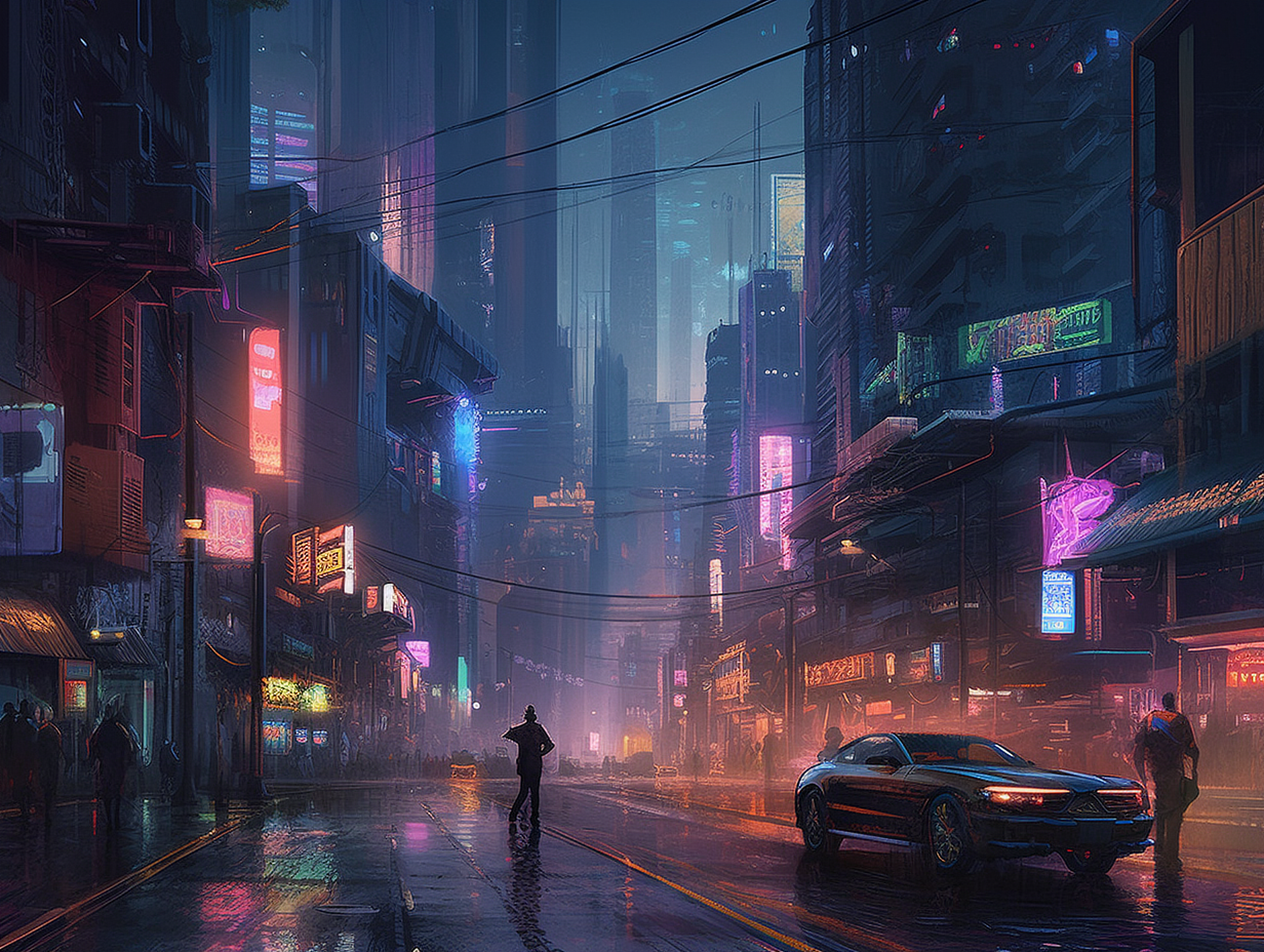 a man standing on a wet street in a city