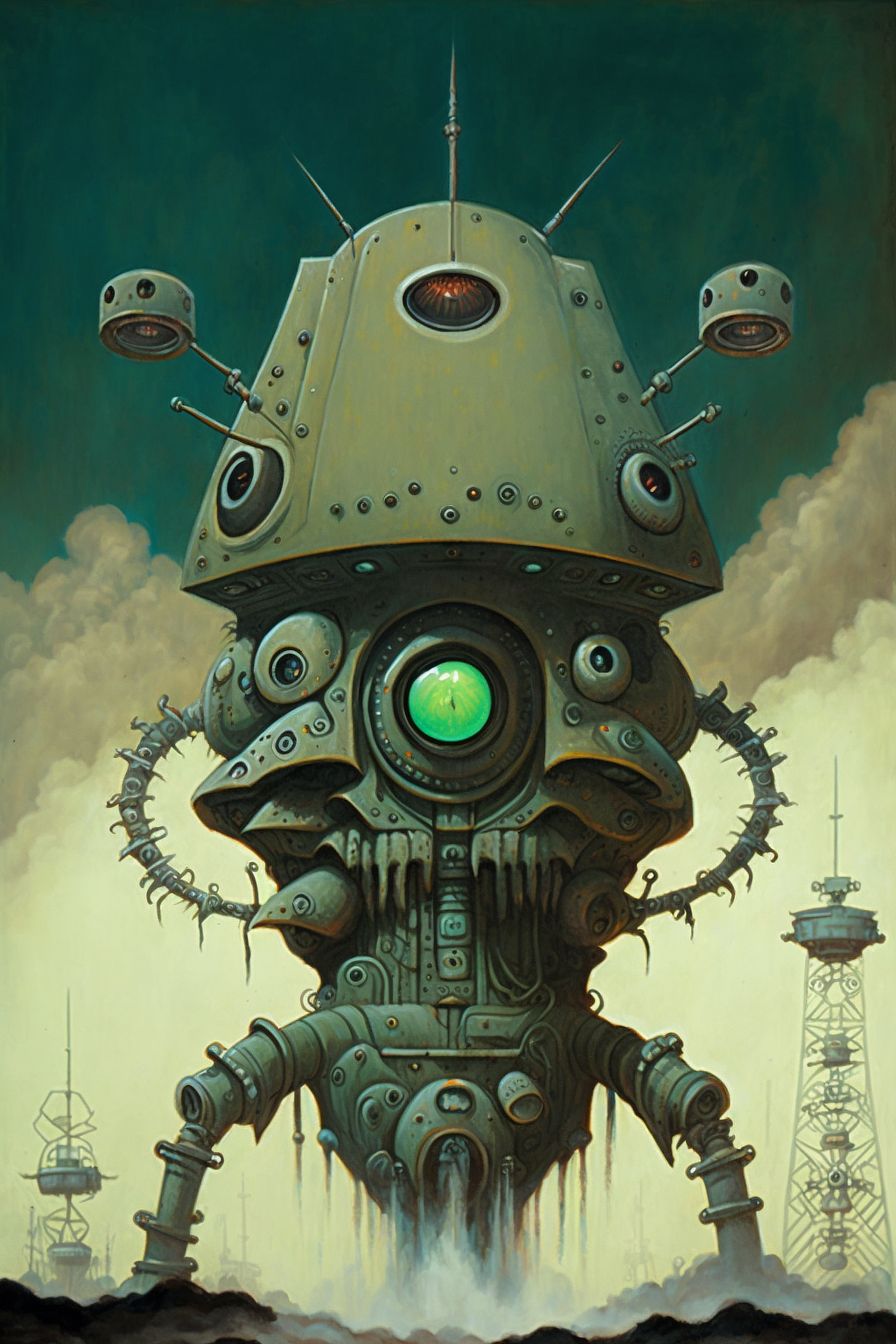 a large robot with many round eyes and a green eyeball